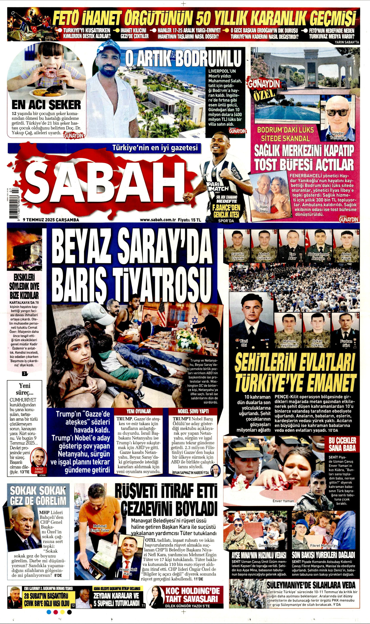 SABAH gazetesinin 9 Temmuz 2025 tarihli birinci sayfası