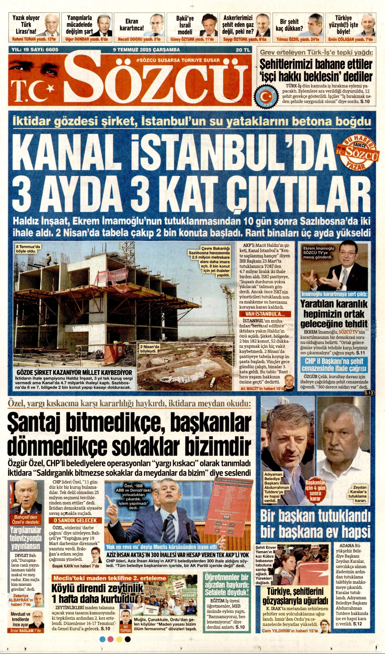 SÖZCÜ gazetesinin 9 Temmuz 2025 tarihli birinci sayfası