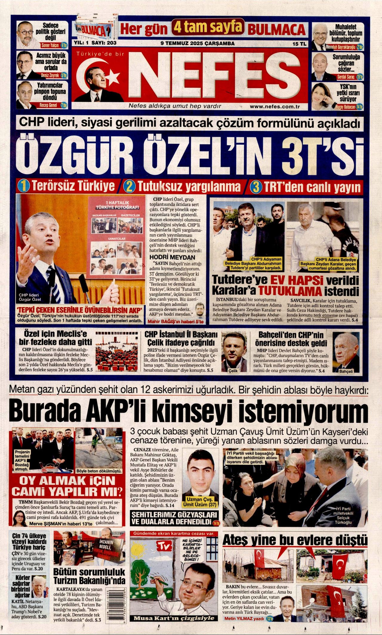 NEFES gazetesinin 9 Temmuz 2025 tarihli birinci sayfası