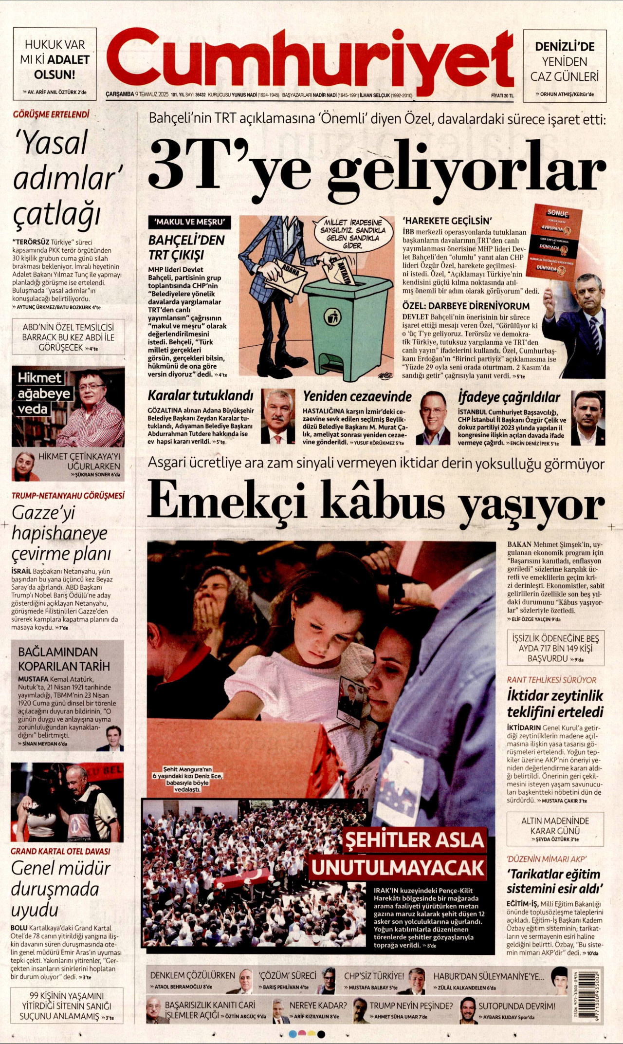 CUMHURİYET gazetesinin 9 Temmuz 2025 tarihli birinci sayfası