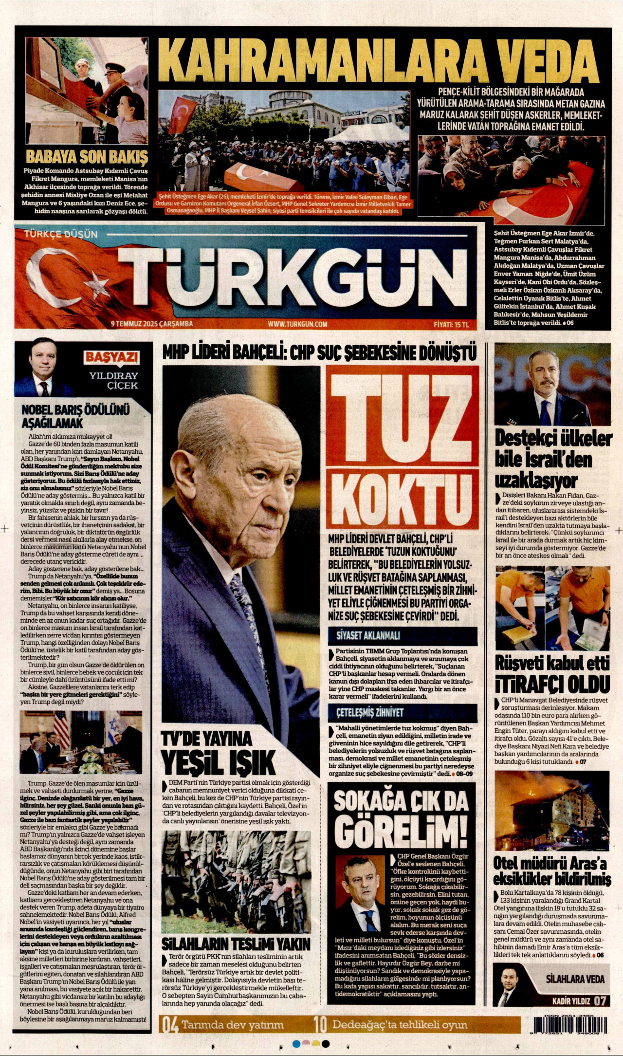 TÜRKGÜN gazetesinin 9 Temmuz 2025 tarihli birinci sayfası