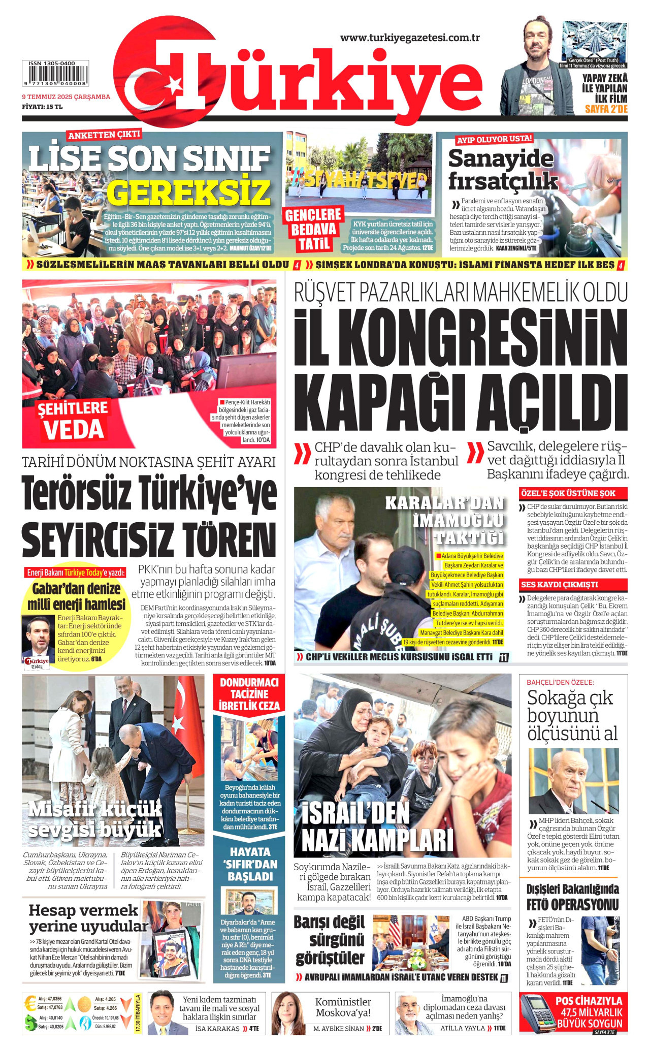 TÜRKİYE GAZETESİ gazetesinin 9 Temmuz 2025 tarihli birinci sayfası