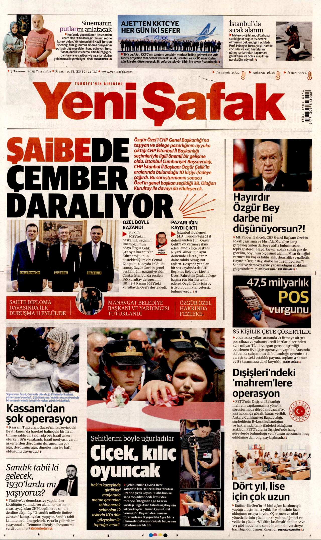 YENİ ŞAFAK gazetesinin 9 Temmuz 2025 tarihli birinci sayfası