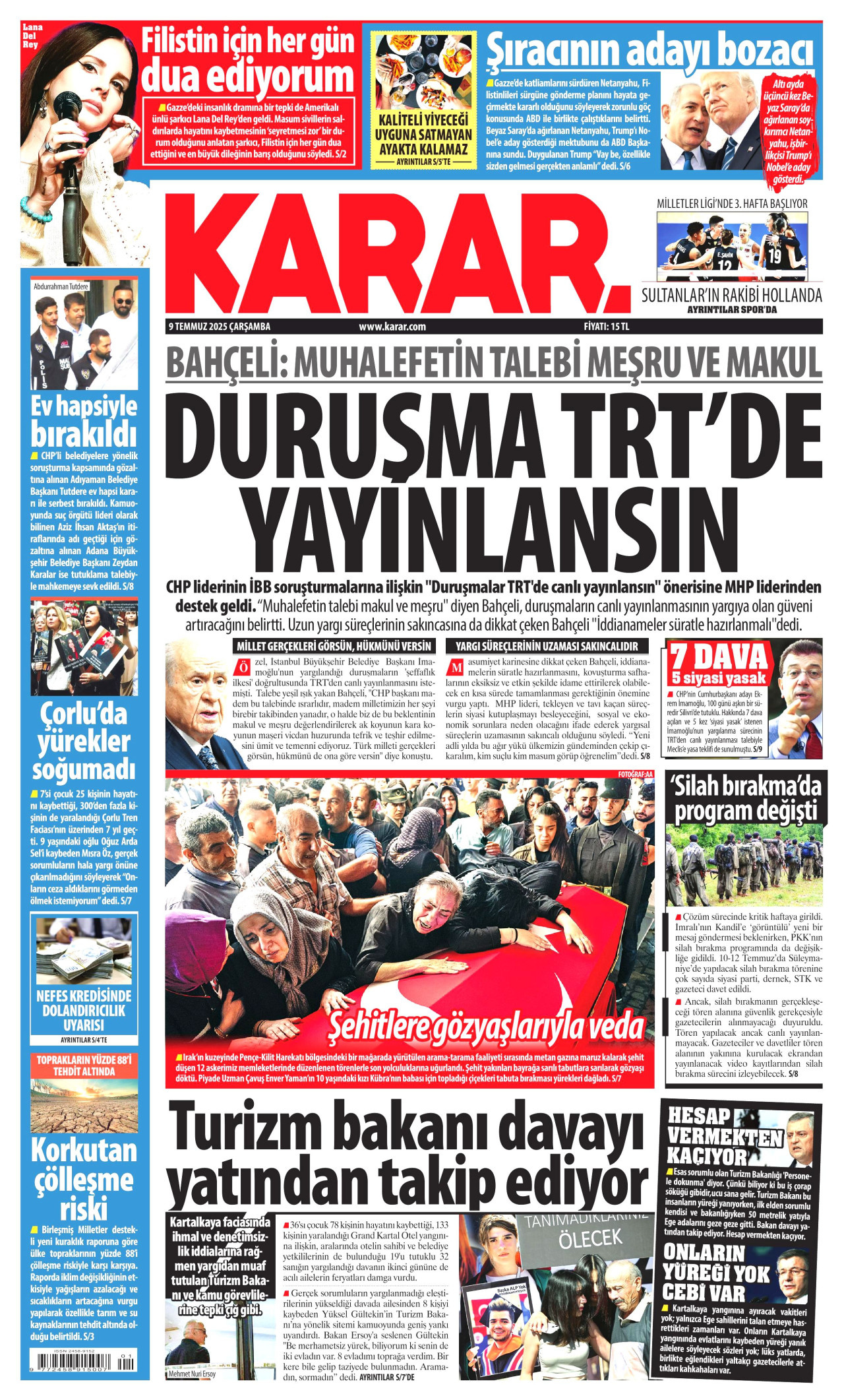 KARAR gazetesinin 9 Temmuz 2025 tarihli birinci sayfası