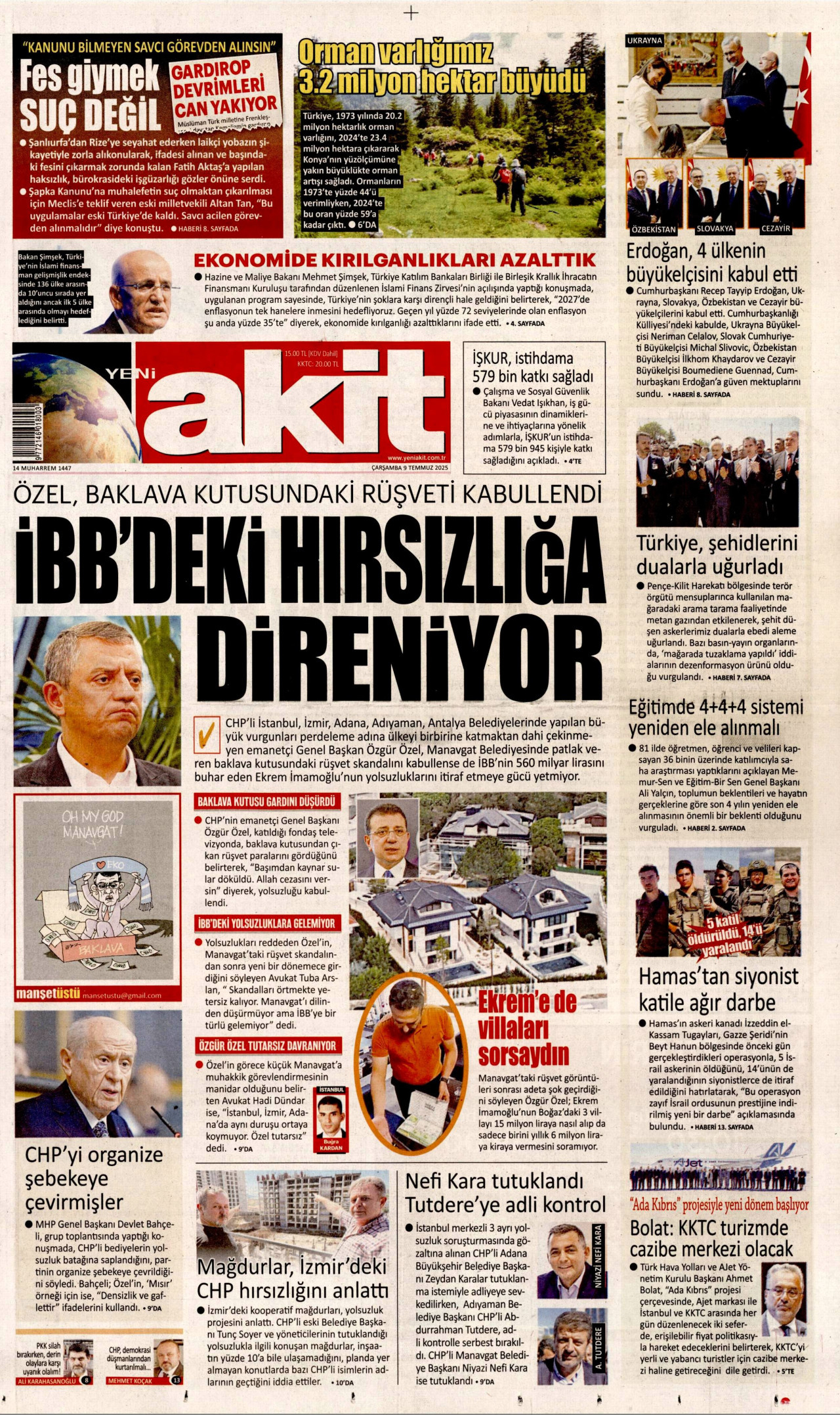 YENİ AKİT gazetesinin 9 Temmuz 2025 tarihli birinci sayfası
