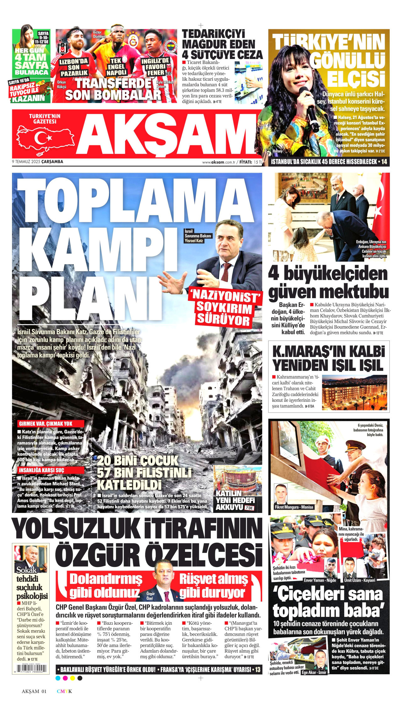 AKŞAM gazetesinin 9 Temmuz 2025 tarihli birinci sayfası