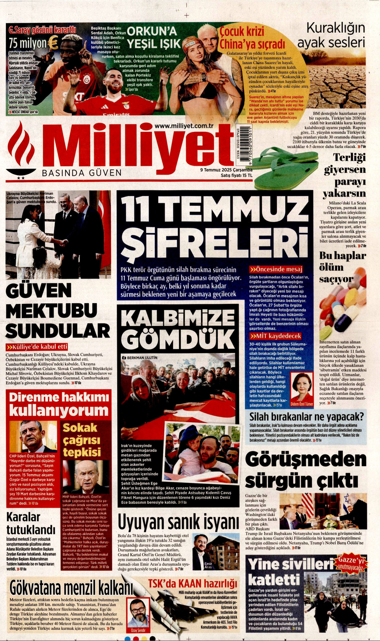 MİLLİYET gazetesinin 9 Temmuz 2025 tarihli birinci sayfası