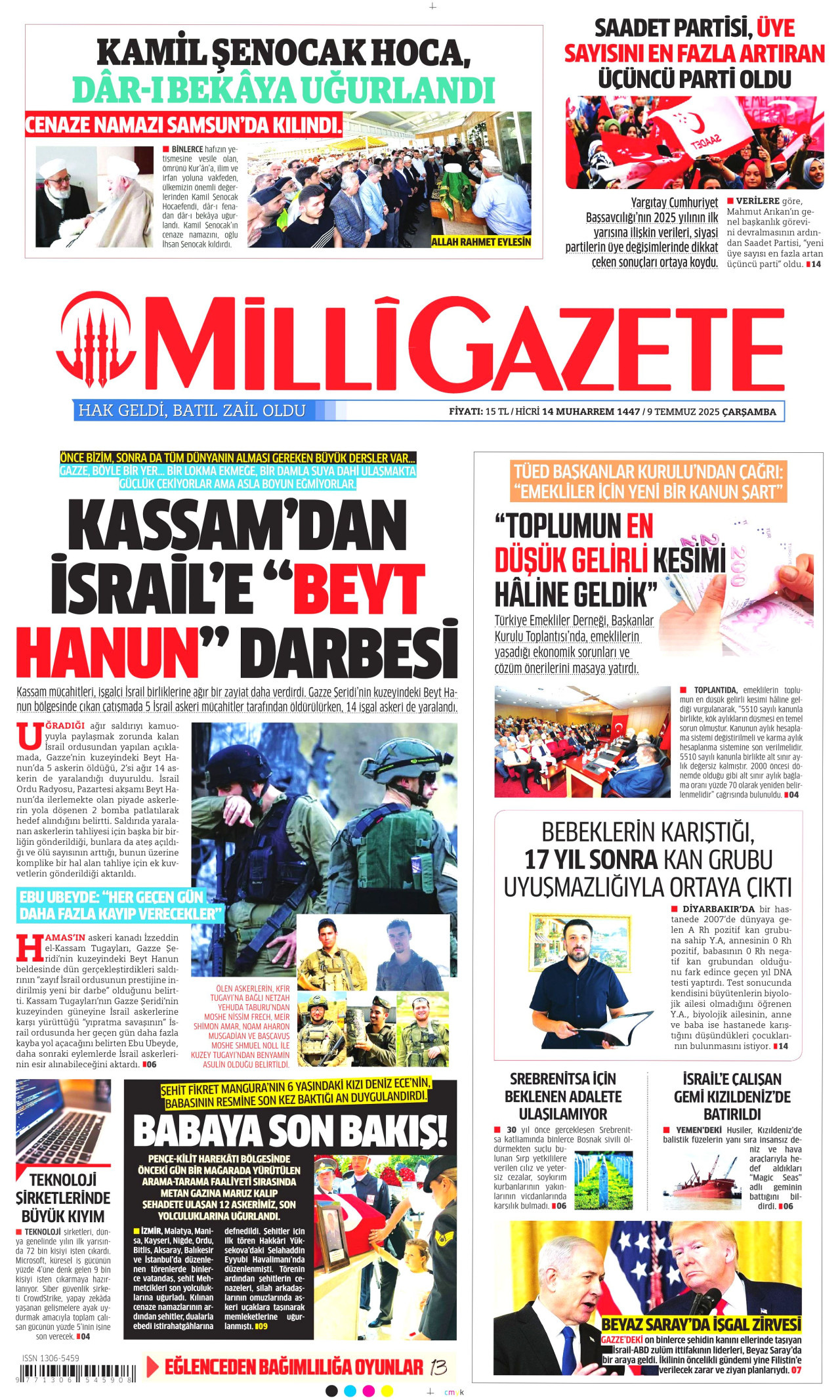 MİLLİ GAZETE gazetesinin 9 Temmuz 2025 tarihli birinci sayfası