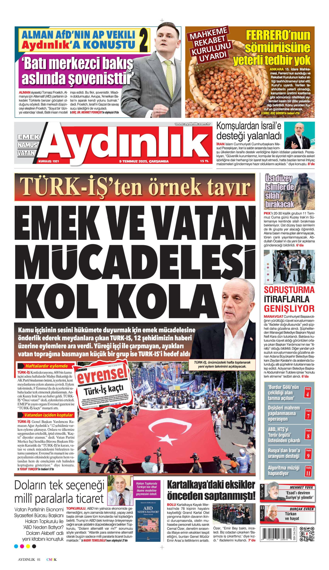 AYDINLIK GAZETESİ gazetesinin 9 Temmuz 2025 tarihli birinci sayfası