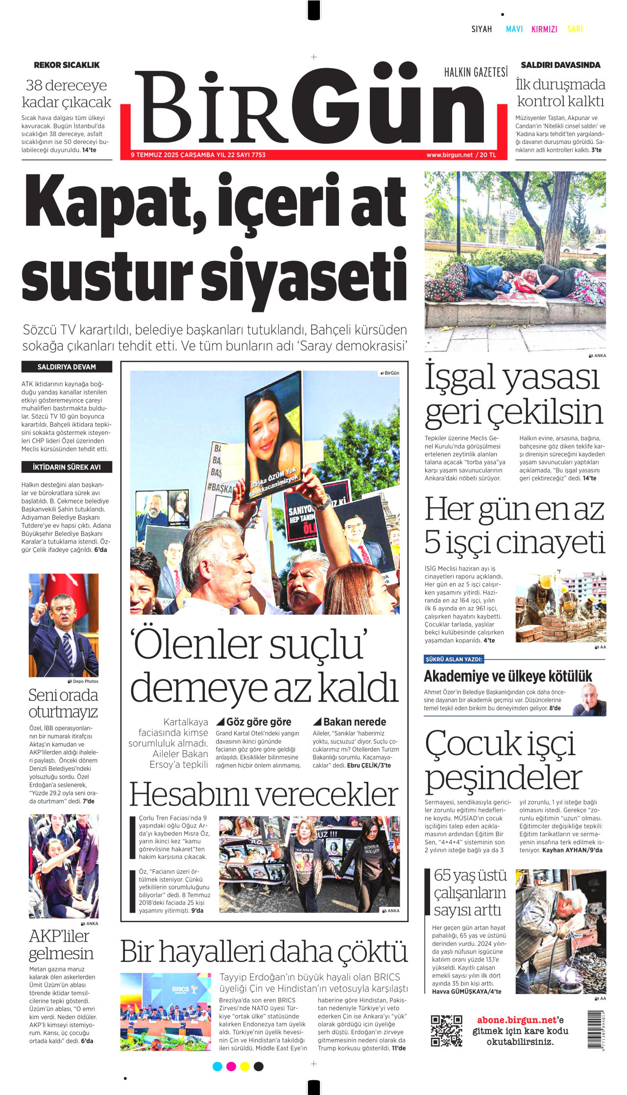 BİRGÜN gazetesinin 9 Temmuz 2025 tarihli birinci sayfası