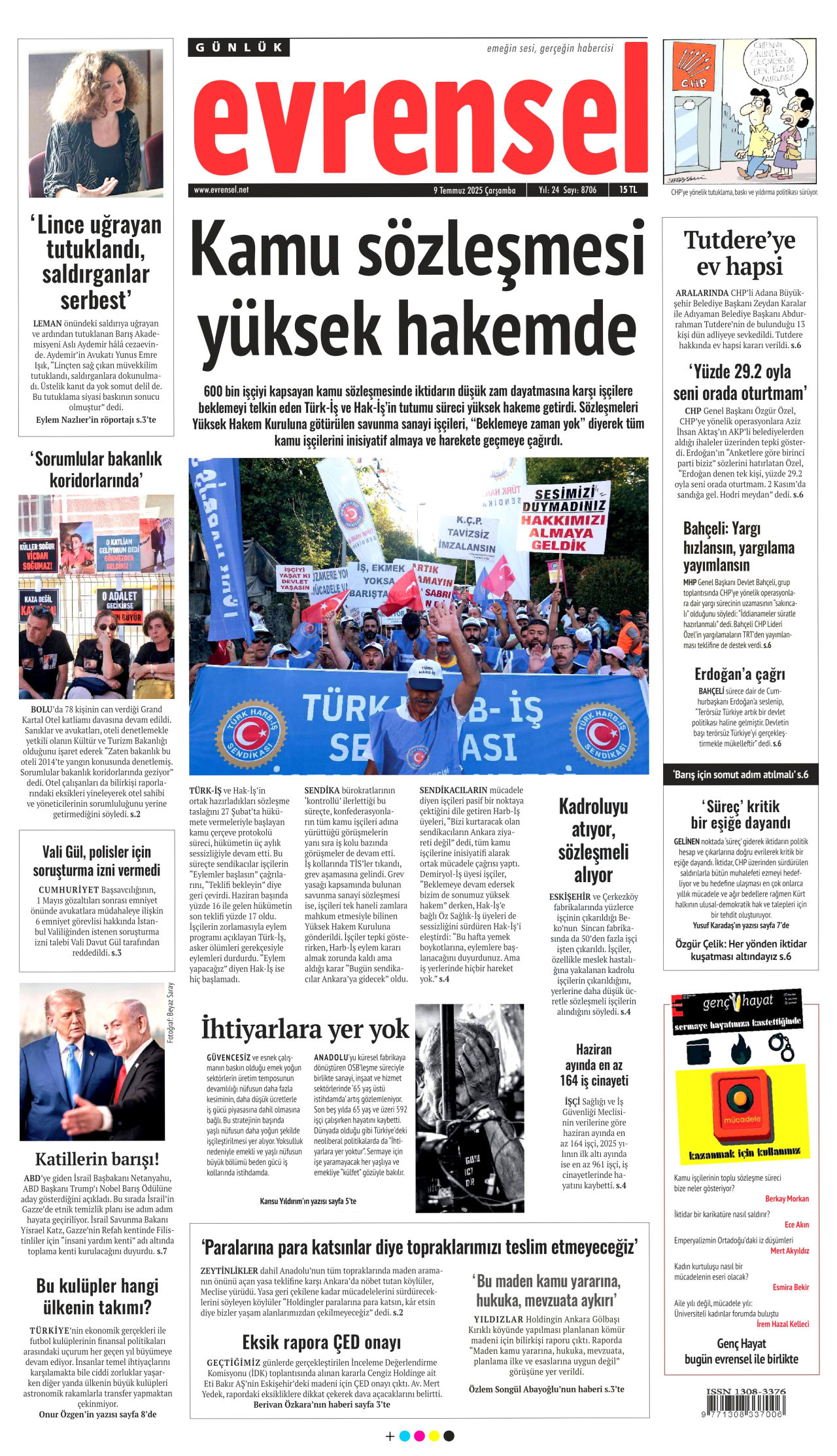 EVRENSEL gazetesinin 9 Temmuz 2025 tarihli birinci sayfası