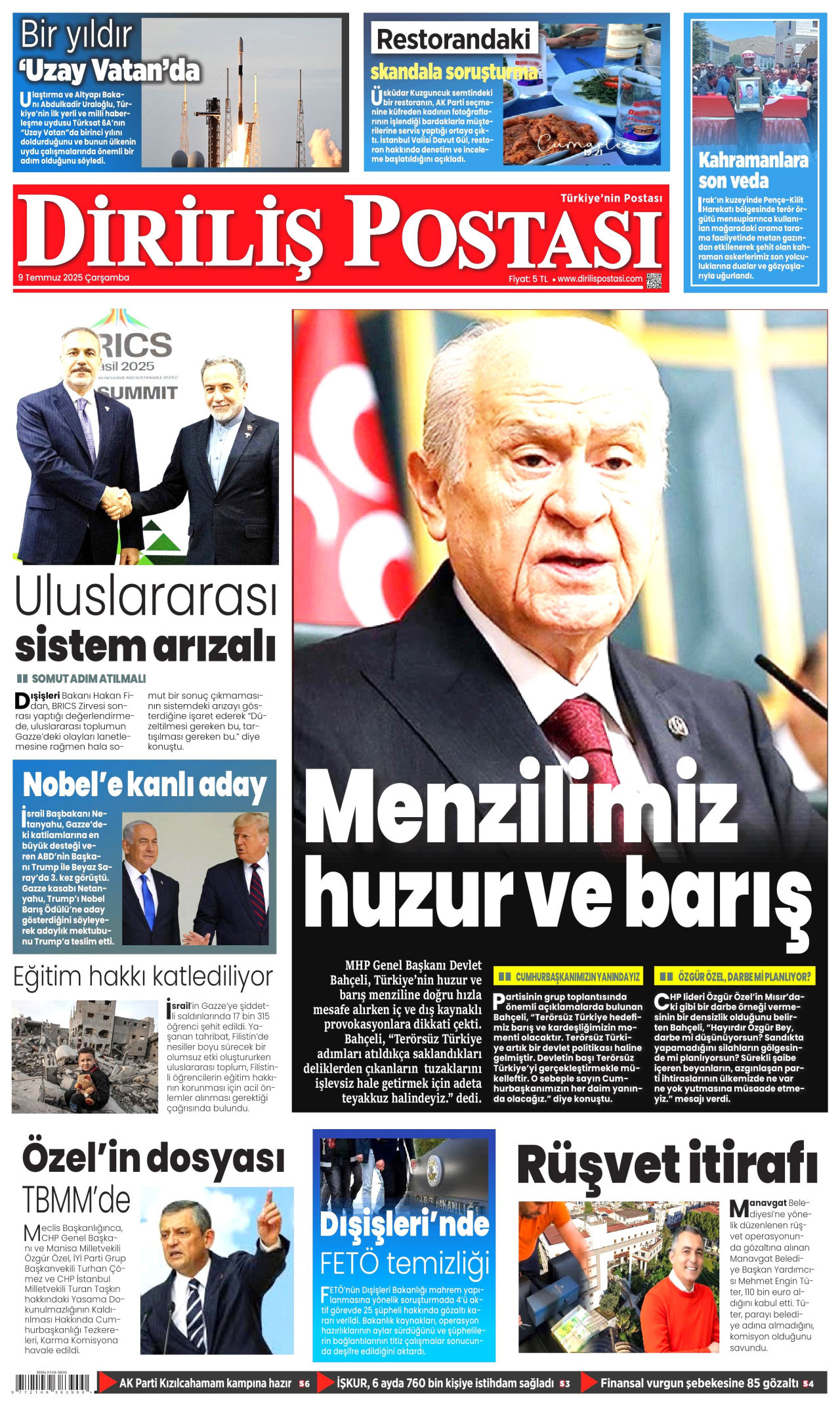 DİRİLİŞ POSTASI gazetesinin 9 Temmuz 2025 tarihli birinci sayfası