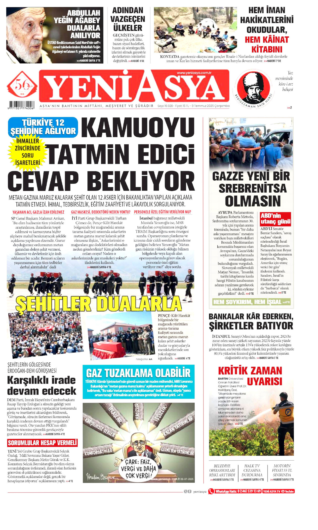 YENİ ASYA gazetesinin 9 Temmuz 2025 tarihli birinci sayfası