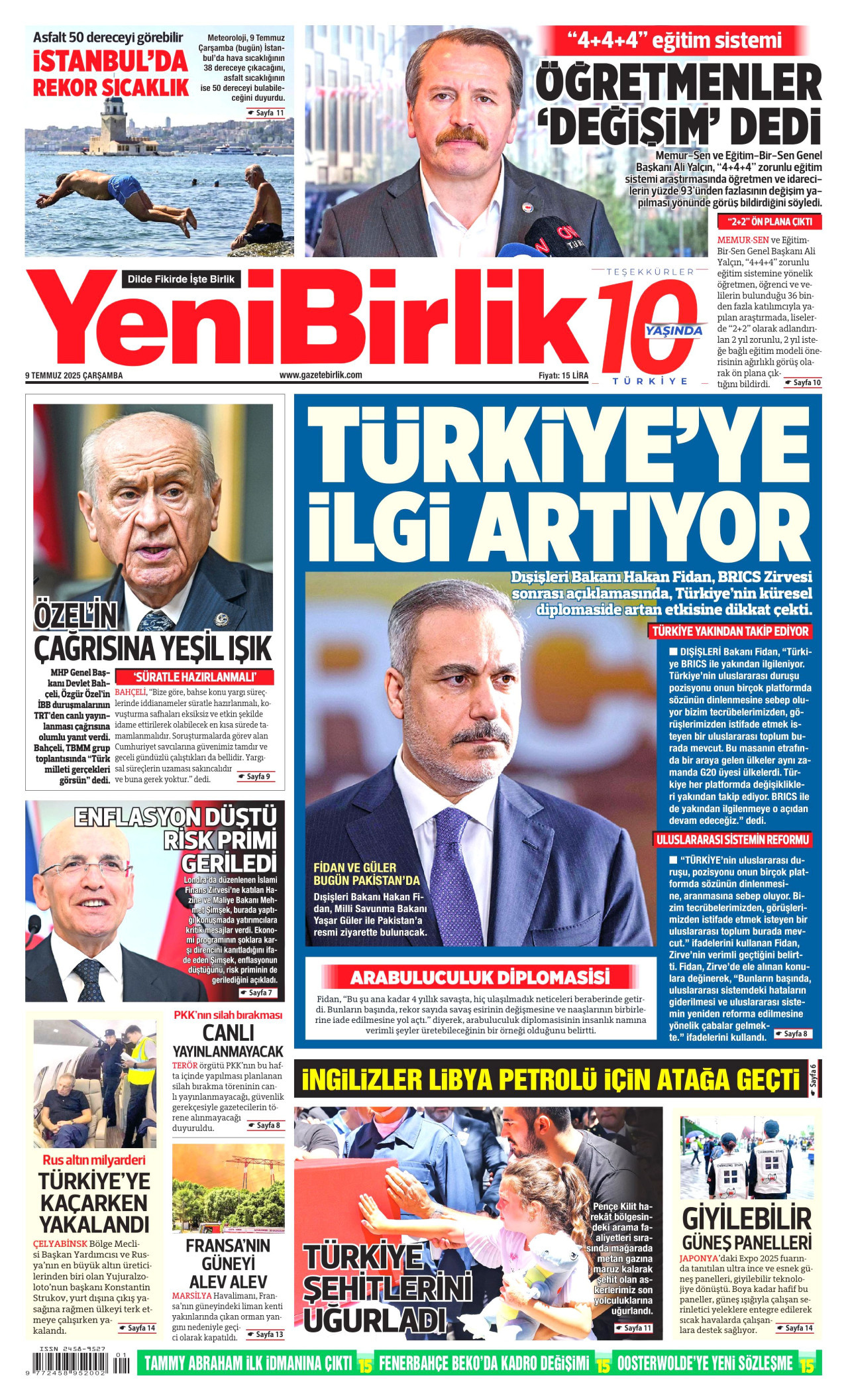 YENİBİRLİK gazetesinin 9 Temmuz 2025 tarihli birinci sayfası