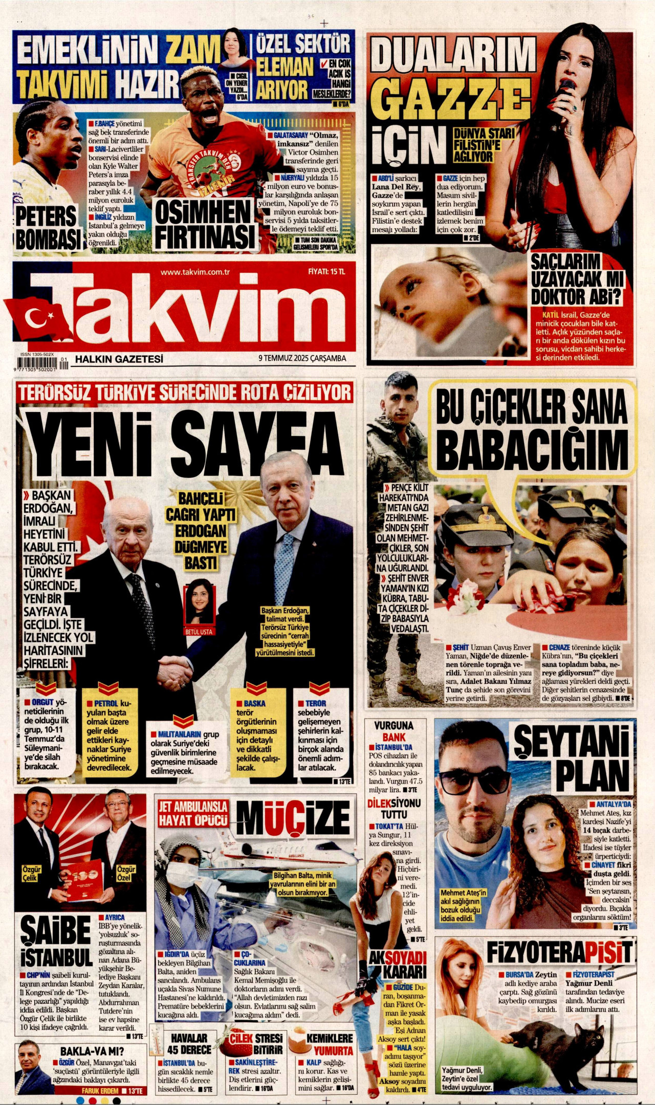 TAKVİM gazetesinin 9 Temmuz 2025 tarihli birinci sayfası