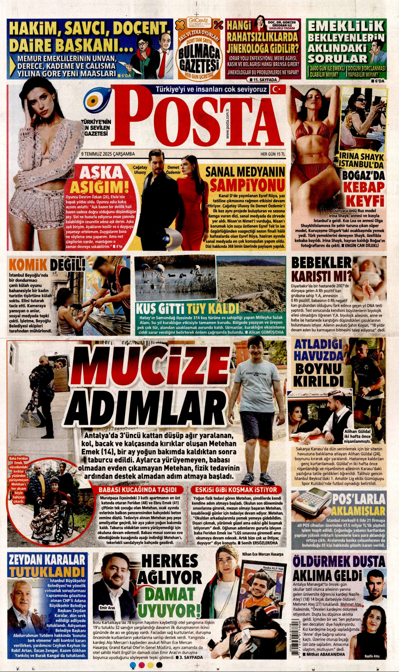 POSTA gazetesinin 9 Temmuz 2025 tarihli birinci sayfası