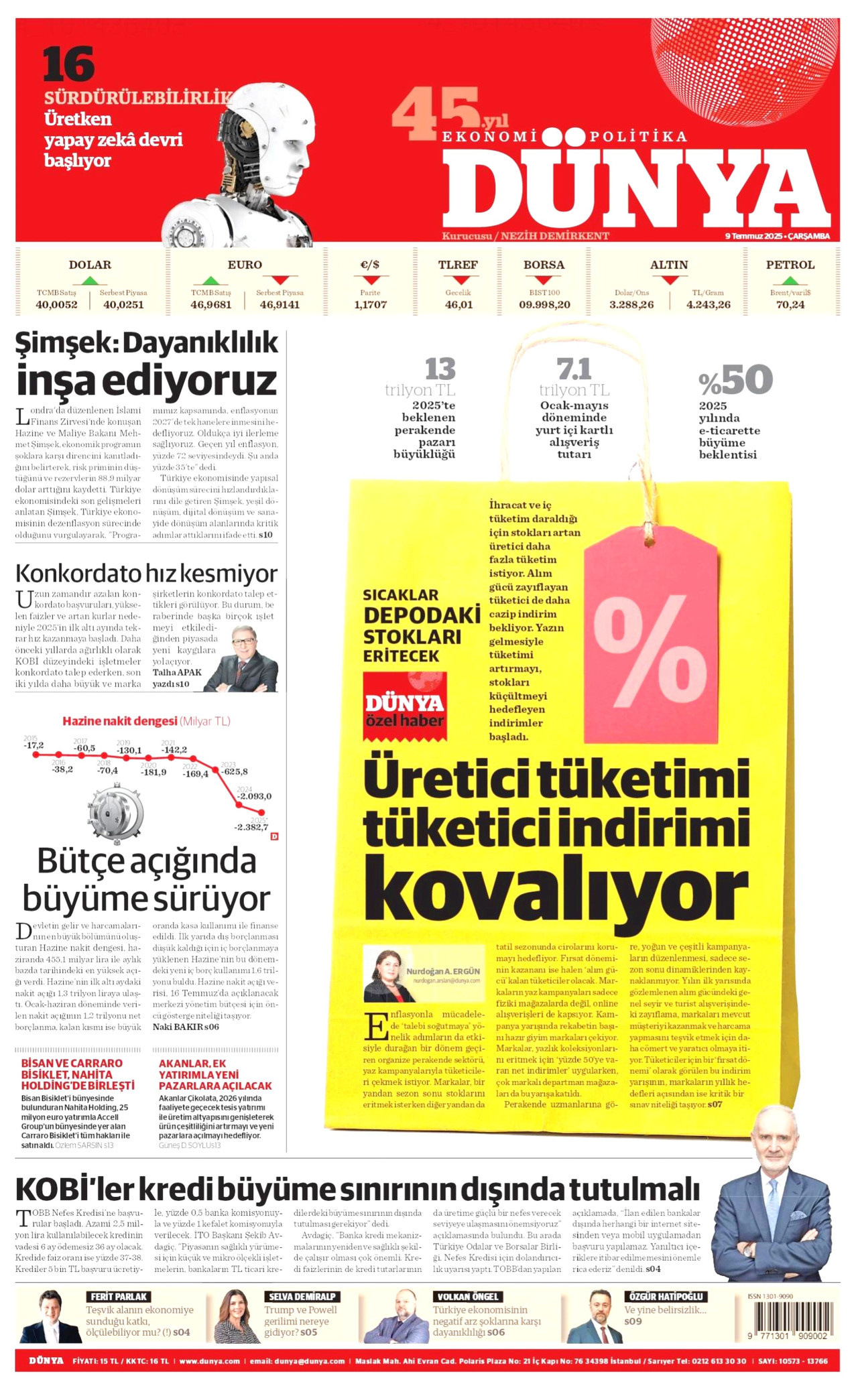 DÜNYA gazetesinin 9 Temmuz 2025 tarihli birinci sayfası
