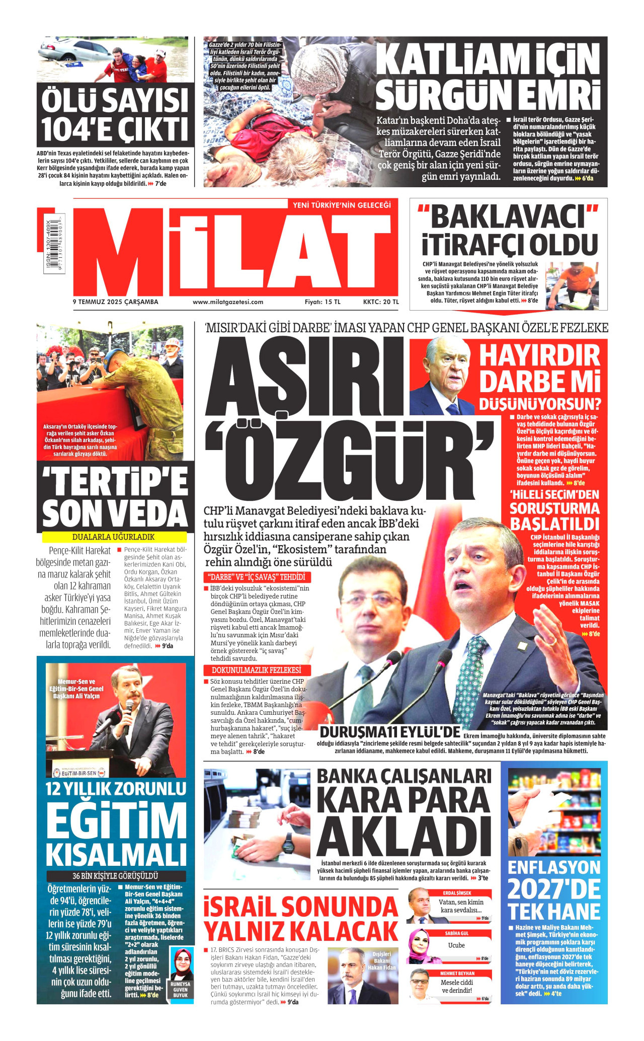 MİLAT gazetesinin 9 Temmuz 2025 tarihli birinci sayfası