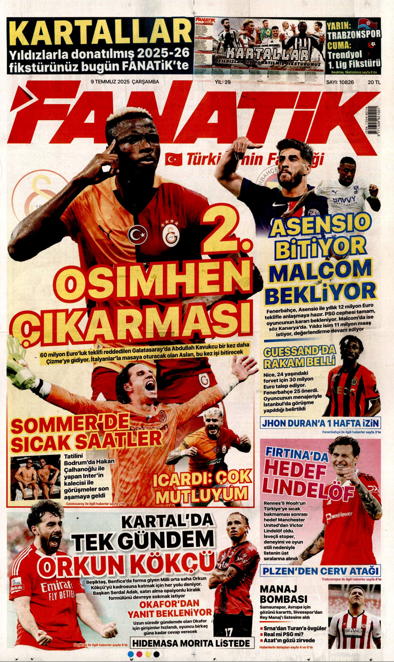 FANATİK gazetesinin 9 Temmuz 2025 tarihli birinci sayfası