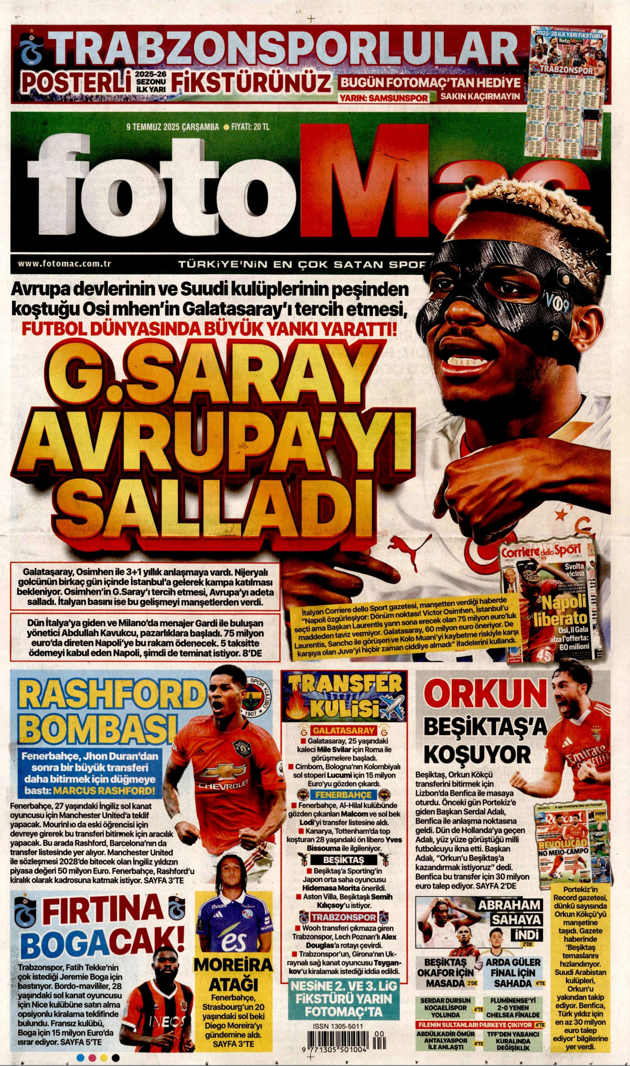 FOTOMAÇ gazetesinin 9 Temmuz 2025 tarihli birinci sayfası