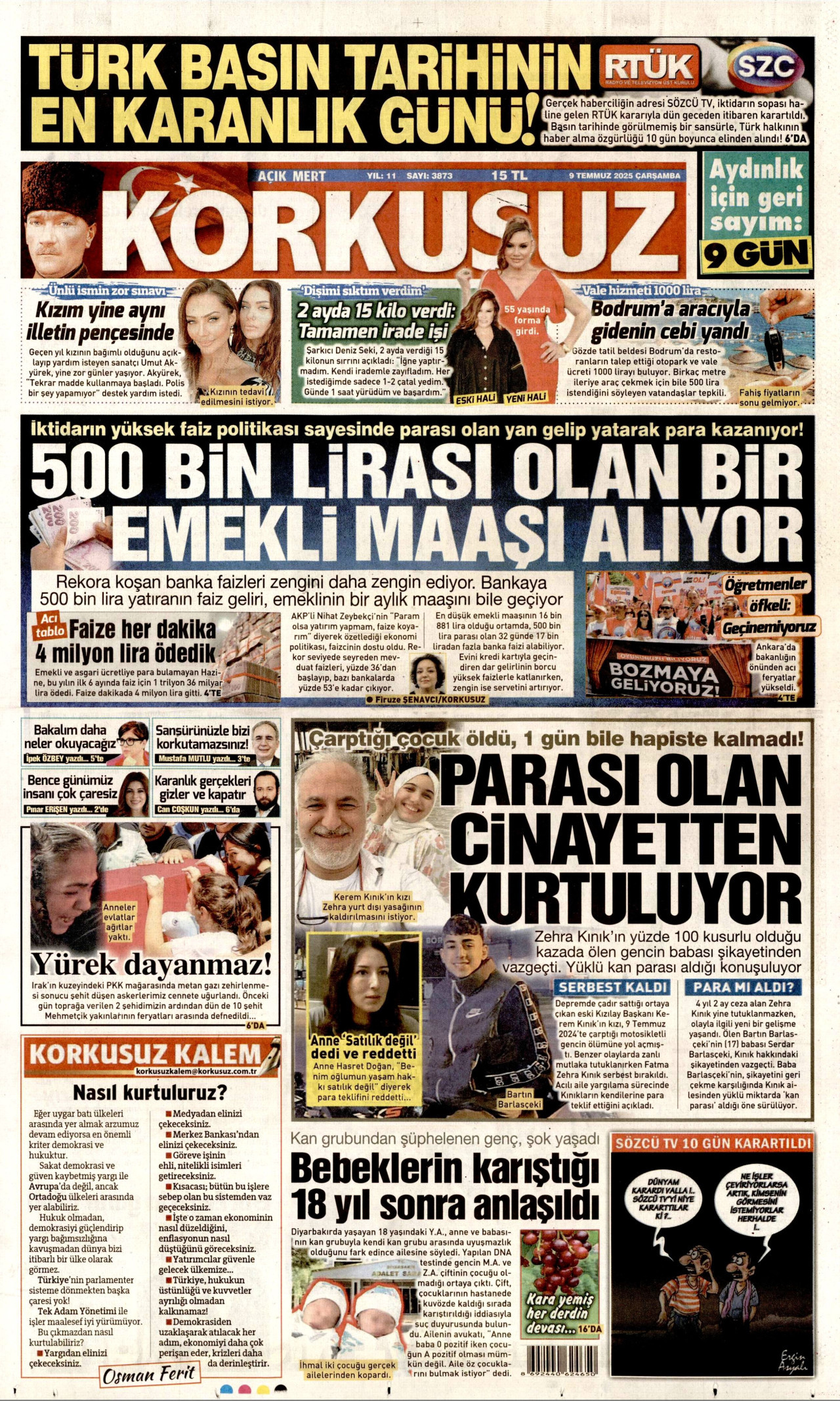 KORKUSUZ gazetesinin 9 Temmuz 2025 tarihli birinci sayfası