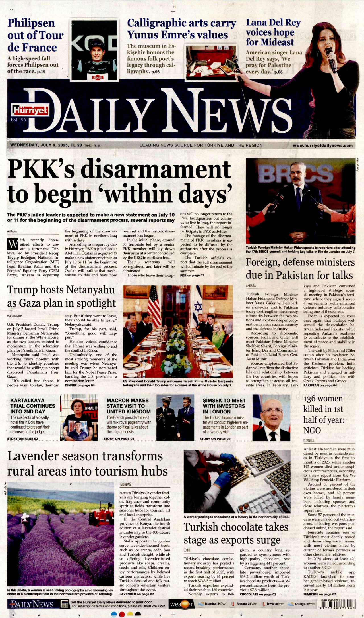 HÜRRİYET DAİLY NEWS gazetesinin 9 Temmuz 2025 tarihli birinci sayfası