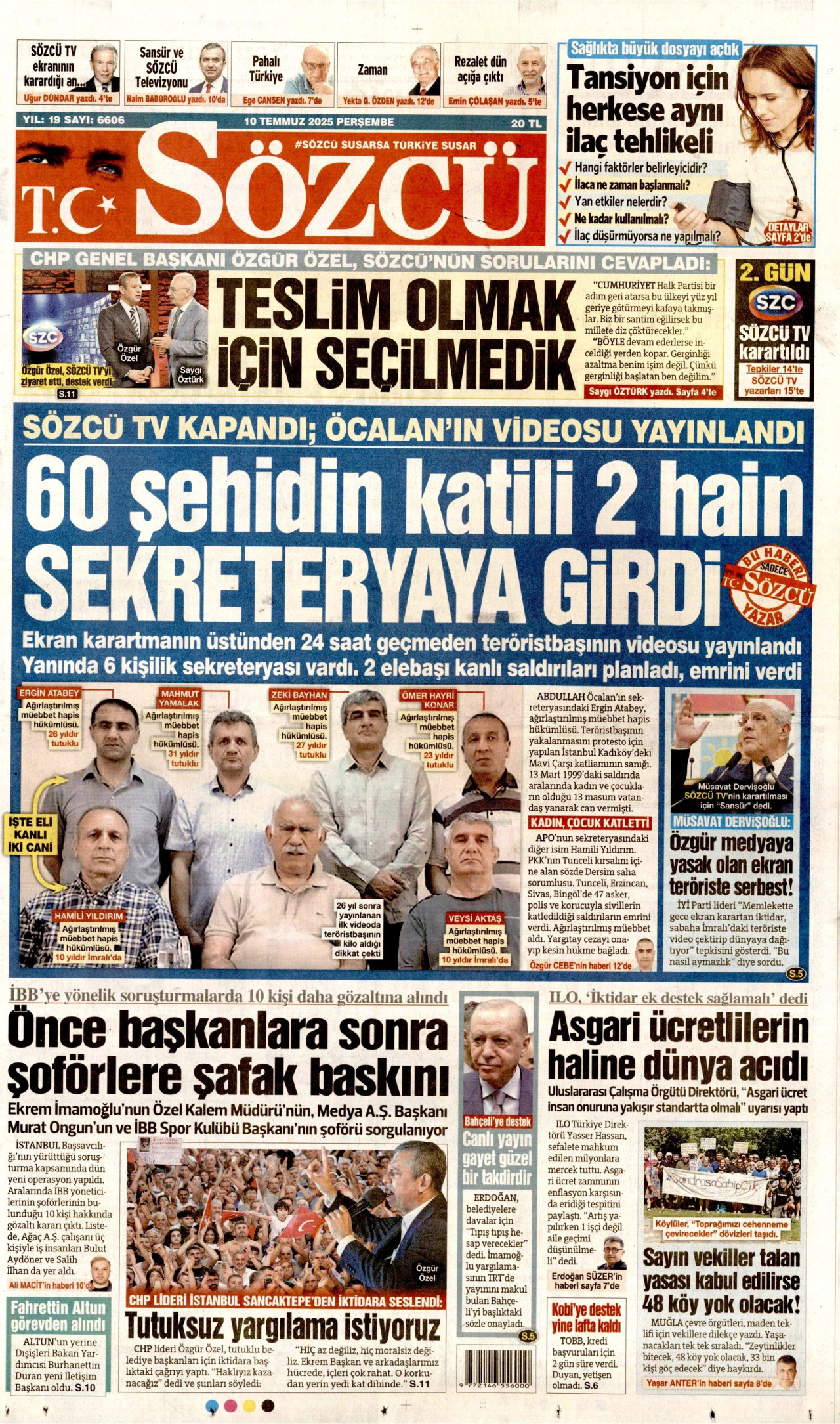 SÖZCÜ gazetesinin 10 Temmuz 2025 tarihli birinci sayfası
