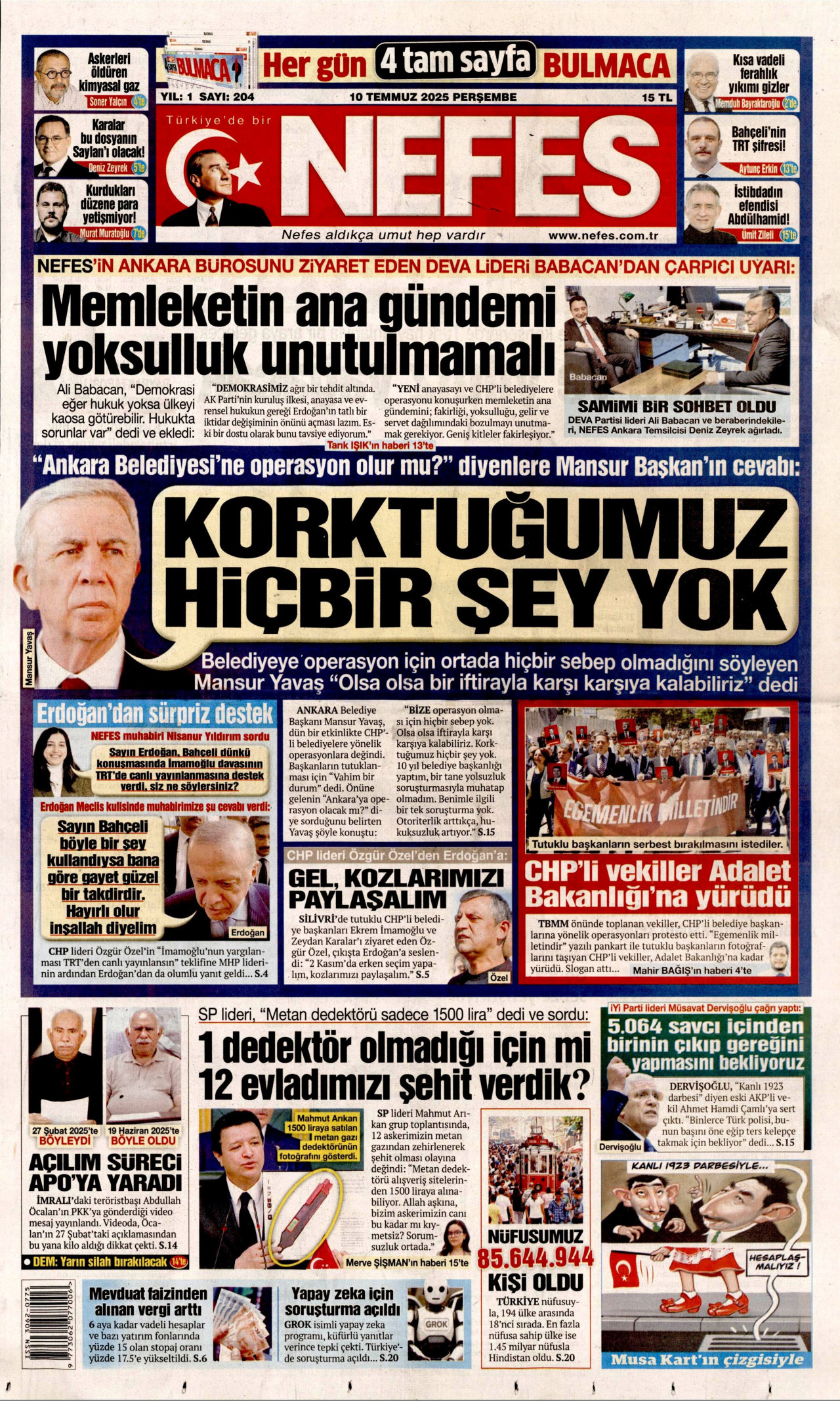 NEFES gazetesinin 10 Temmuz 2025 tarihli birinci sayfası