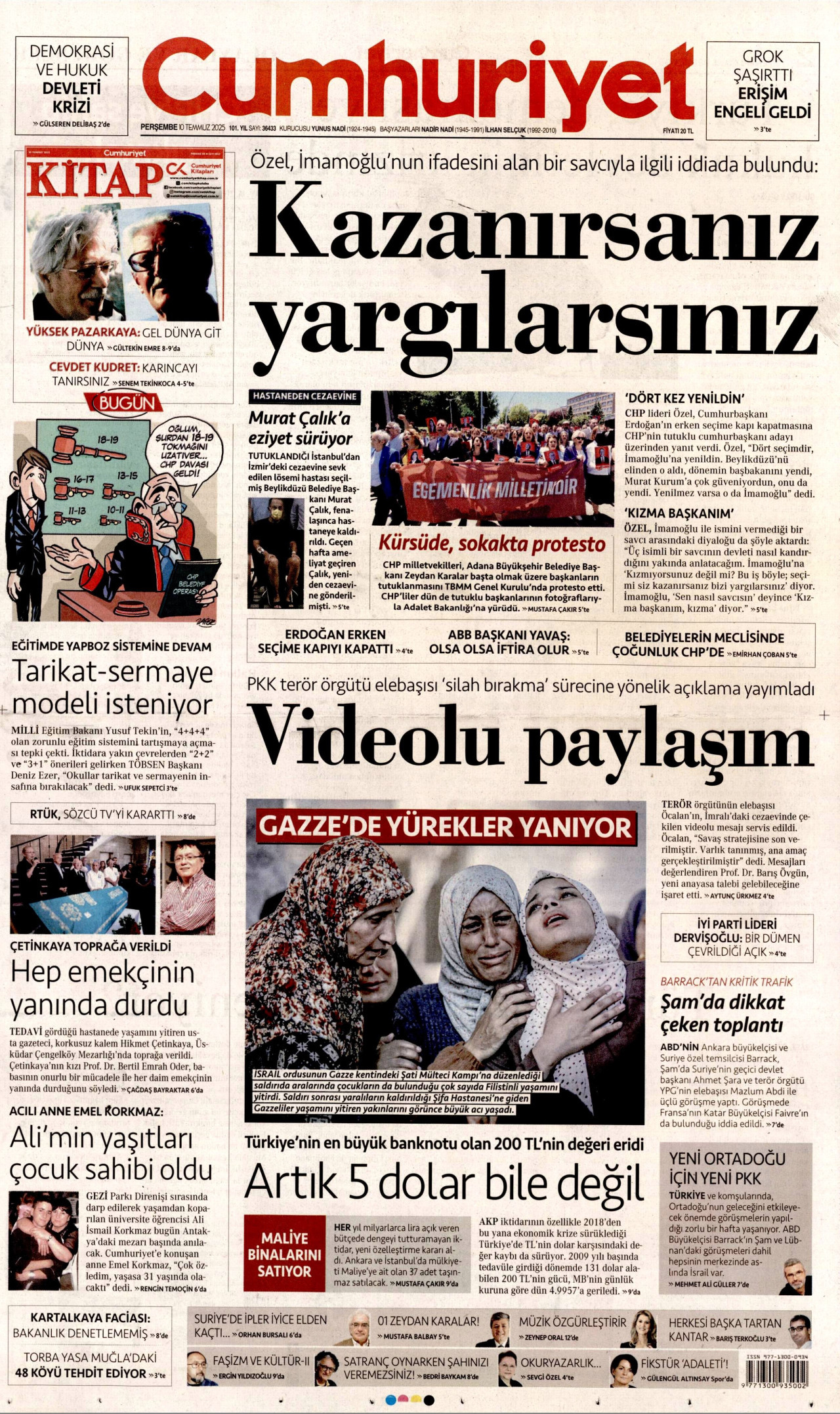 CUMHURİYET gazetesinin 10 Temmuz 2025 tarihli birinci sayfası