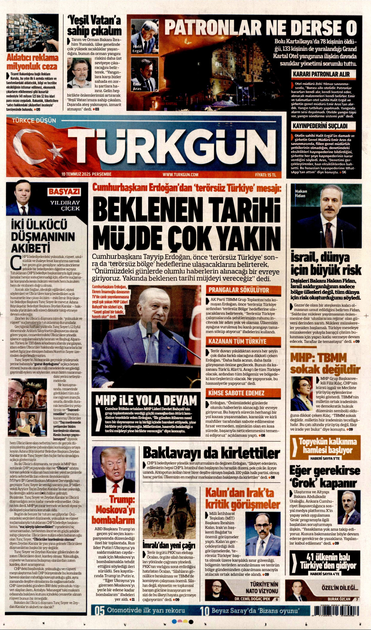 TÜRKGÜN gazetesinin 10 Temmuz 2025 tarihli birinci sayfası