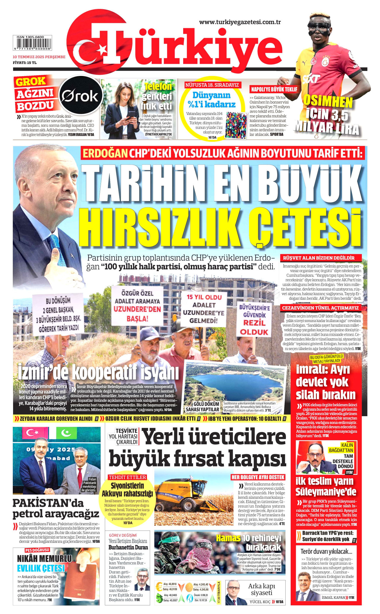 TÜRKİYE GAZETESİ gazetesinin 10 Temmuz 2025 tarihli birinci sayfası