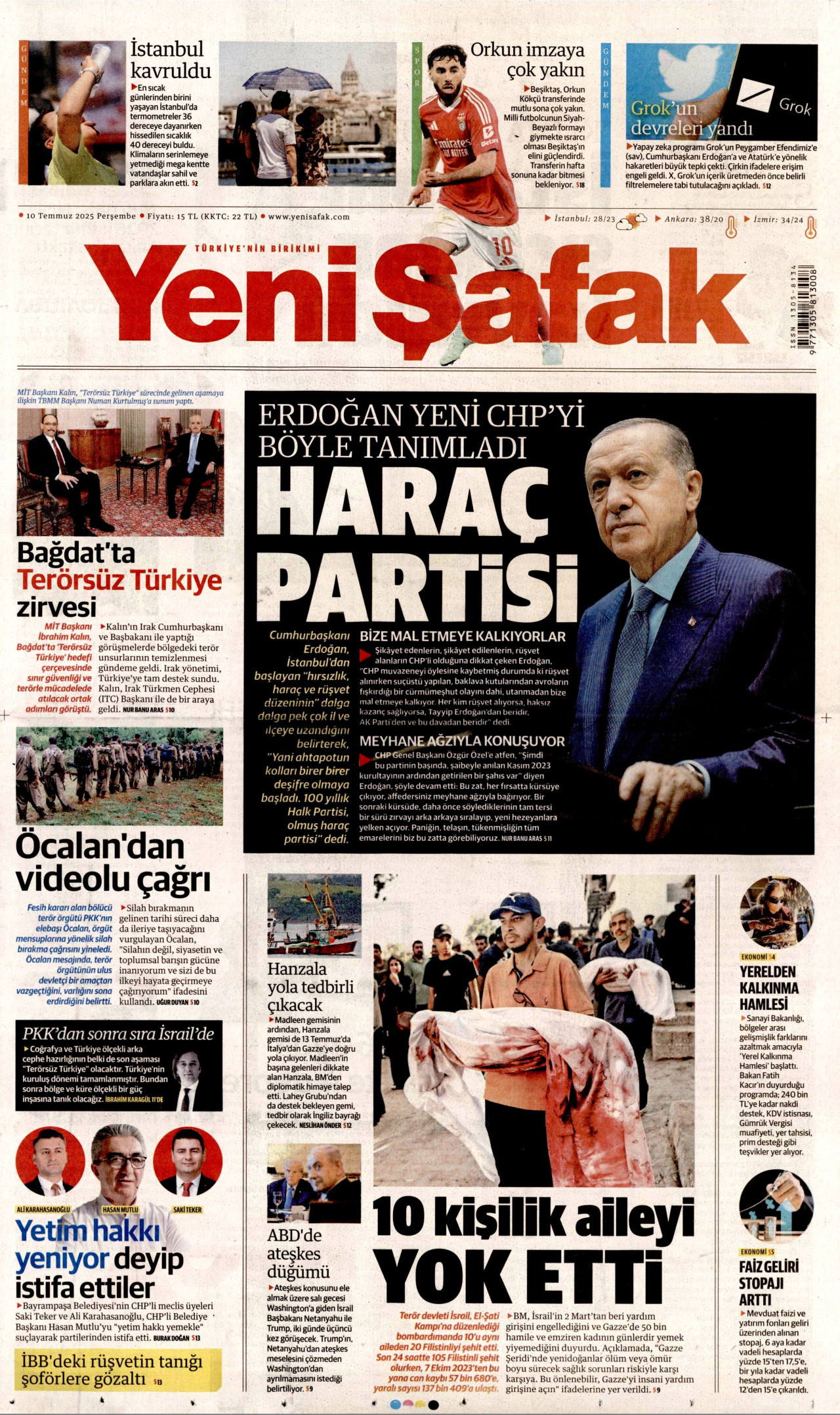YENİ ŞAFAK gazetesinin 10 Temmuz 2025 tarihli birinci sayfası