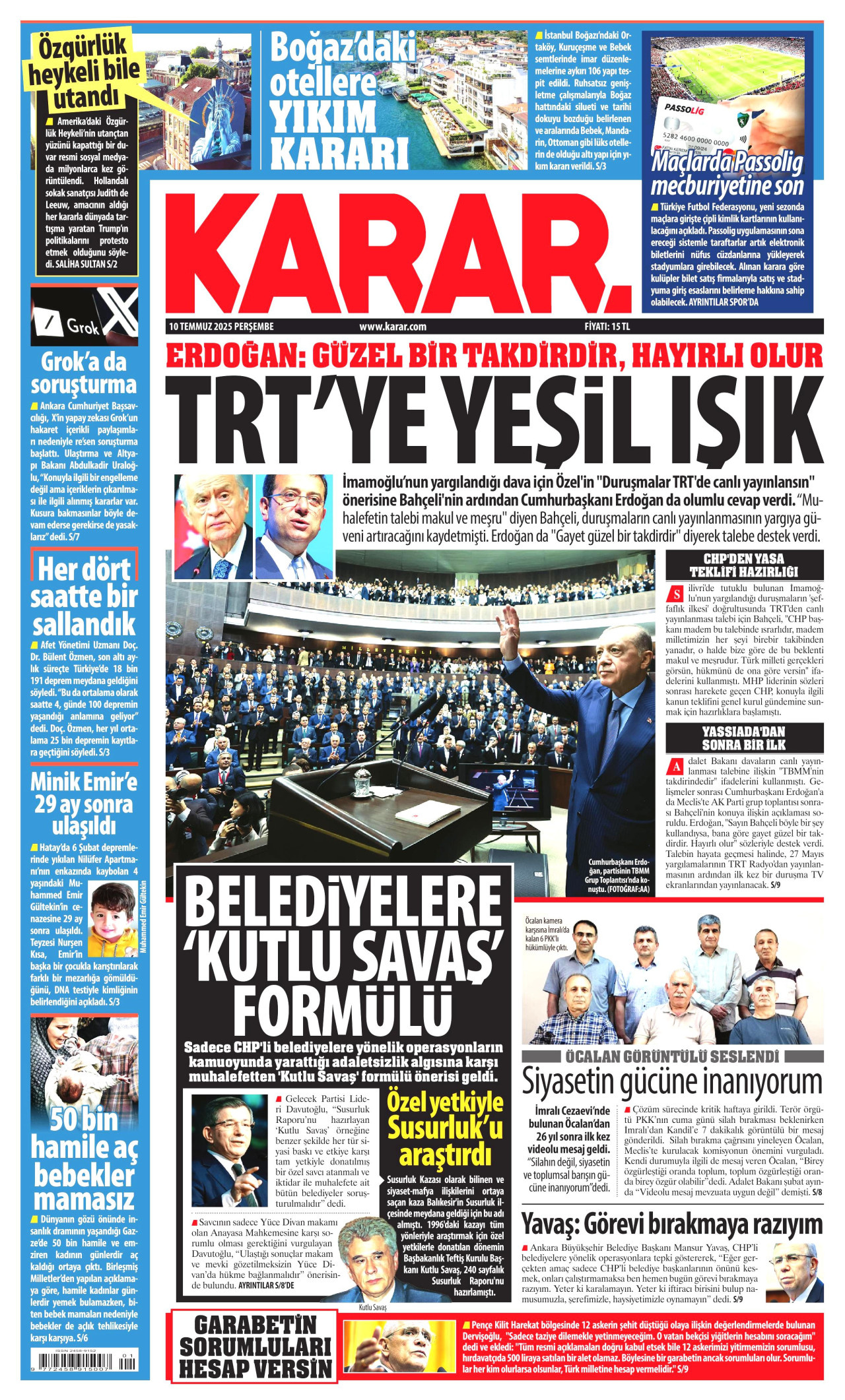 KARAR gazetesinin 10 Temmuz 2025 tarihli birinci sayfası