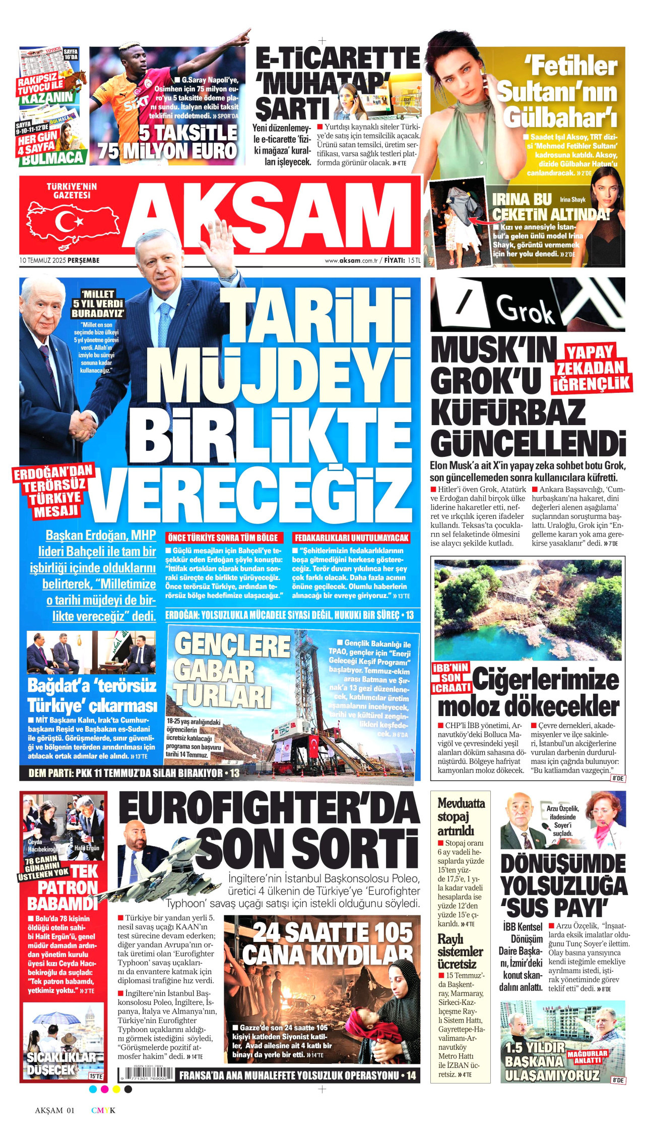 AKŞAM gazetesinin 10 Temmuz 2025 tarihli birinci sayfası