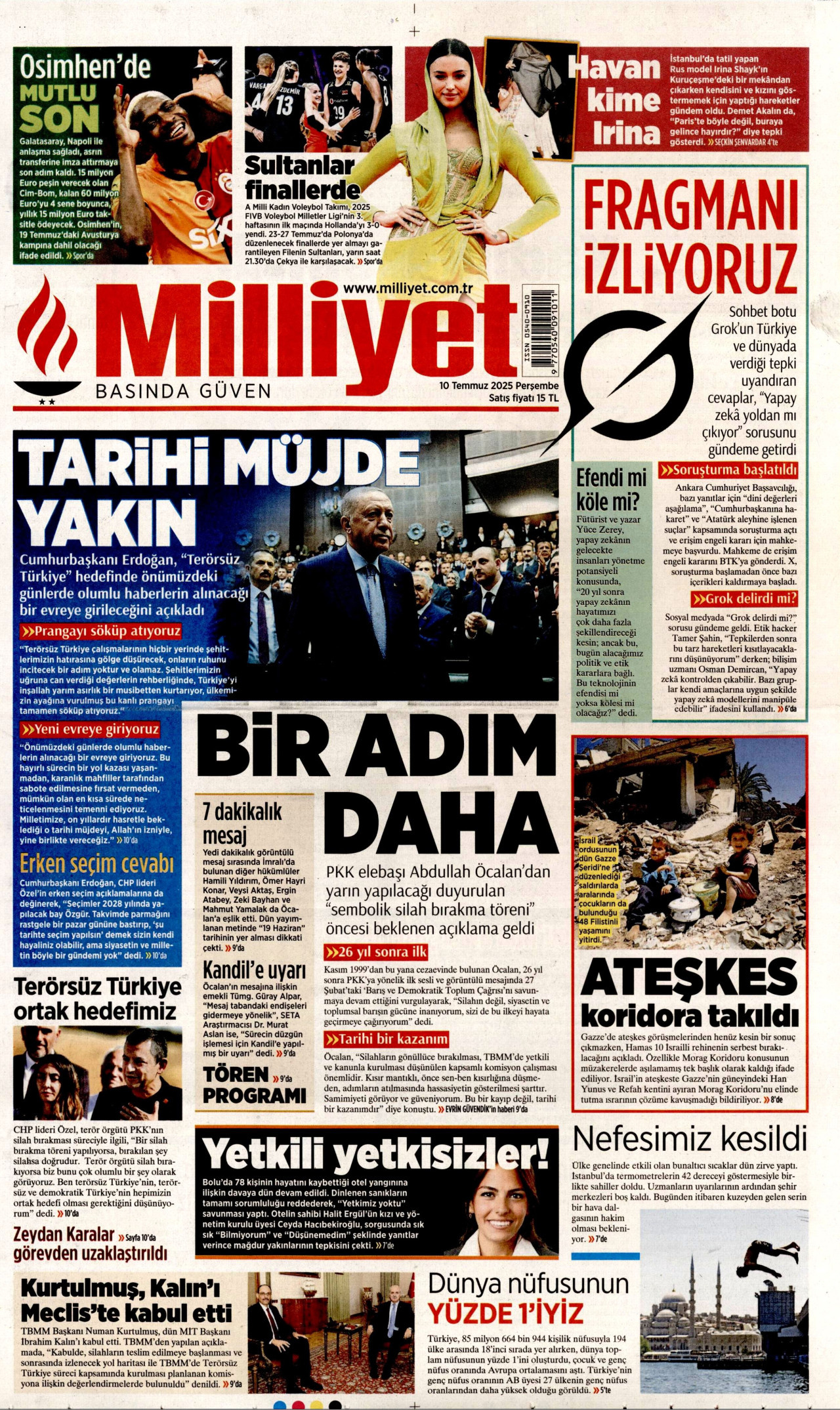 MİLLİYET gazetesinin 10 Temmuz 2025 tarihli birinci sayfası