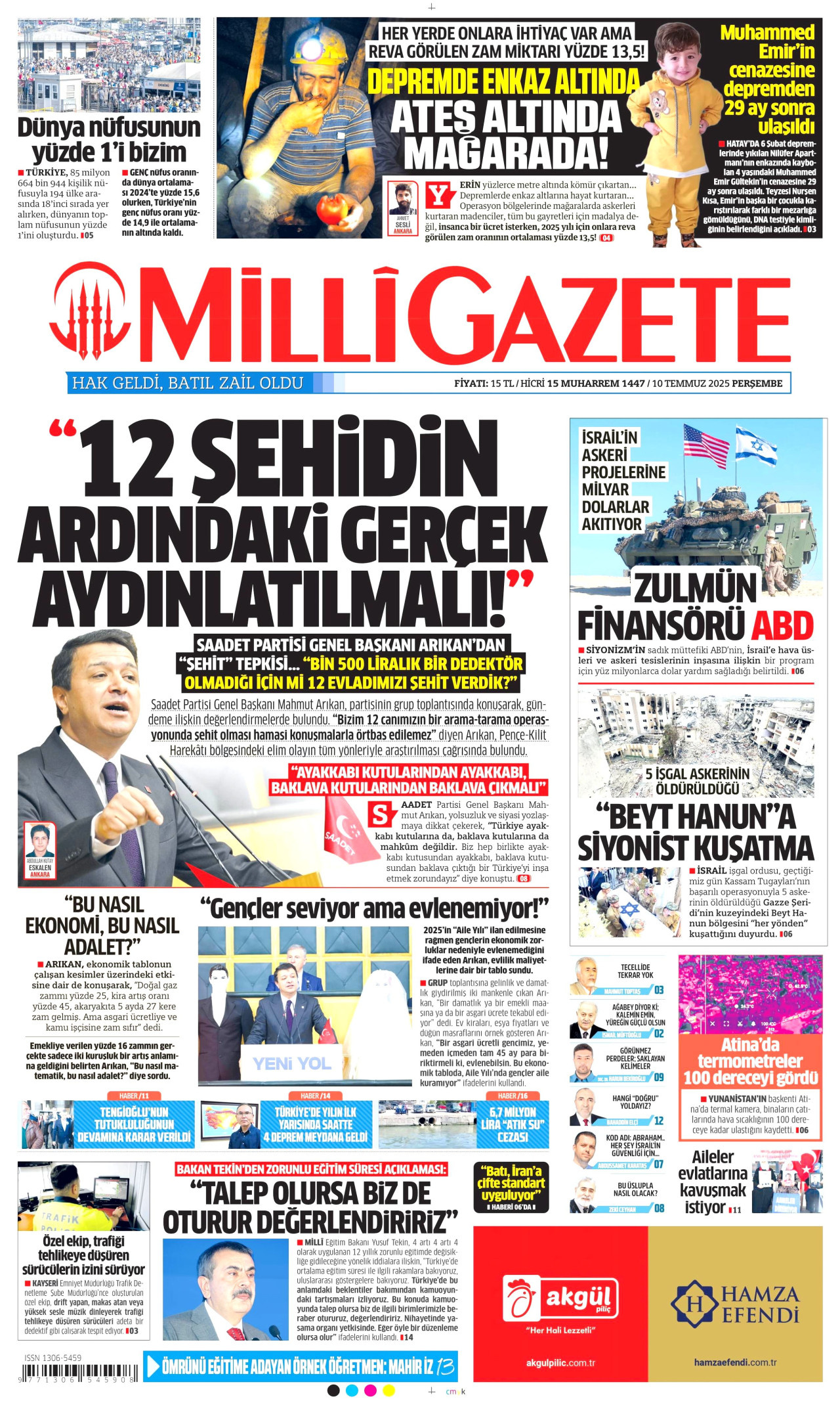 MİLLİ GAZETE gazetesinin 10 Temmuz 2025 tarihli birinci sayfası