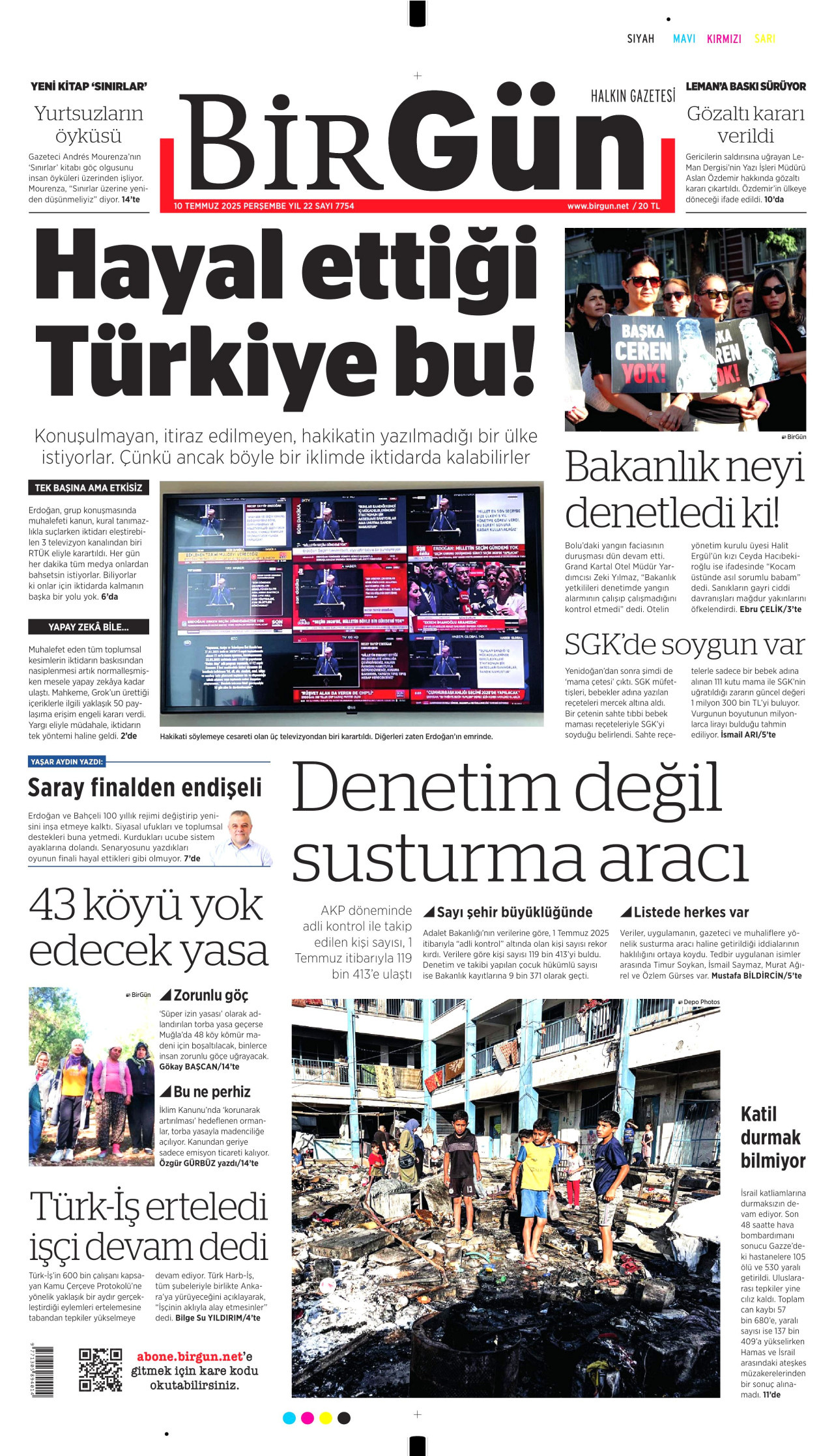 BİRGÜN gazetesinin 10 Temmuz 2025 tarihli birinci sayfası