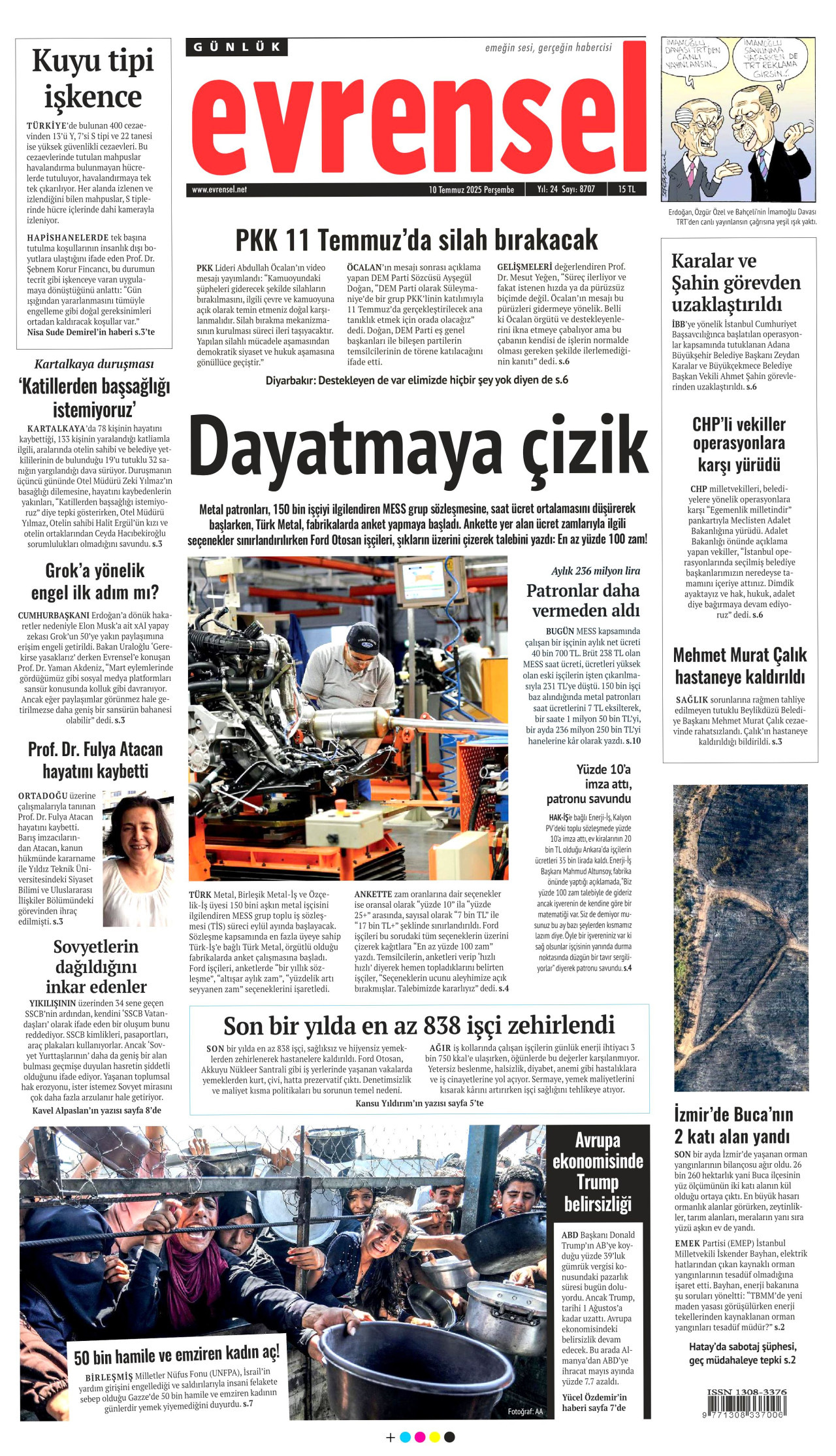 EVRENSEL gazetesinin 10 Temmuz 2025 tarihli birinci sayfası