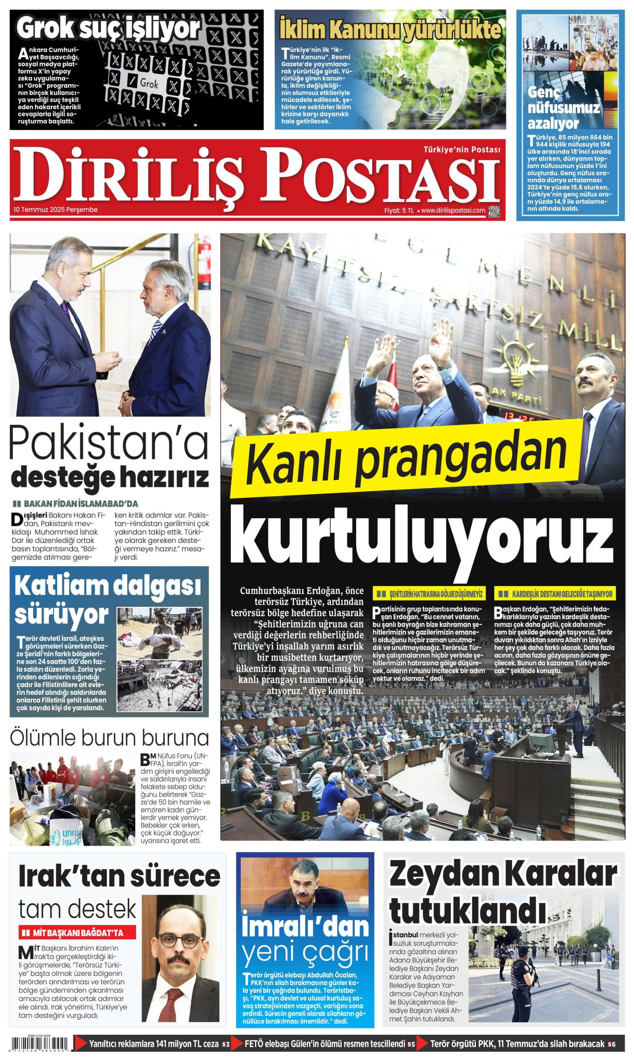 DİRİLİŞ POSTASI gazetesinin 10 Temmuz 2025 tarihli birinci sayfası