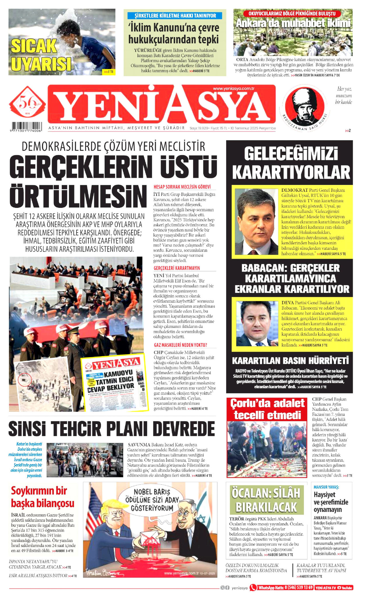 YENİ ASYA gazetesinin 10 Temmuz 2025 tarihli birinci sayfası