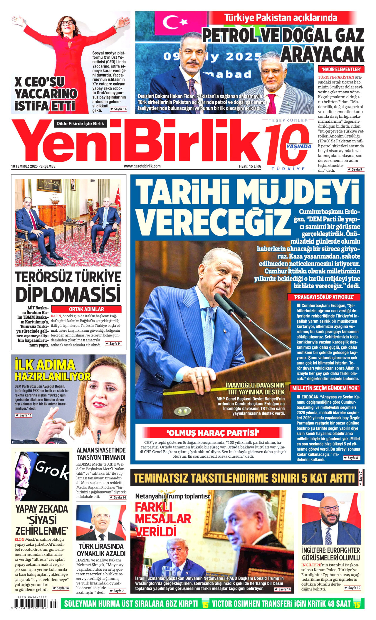 YENİBİRLİK gazetesinin 10 Temmuz 2025 tarihli birinci sayfası