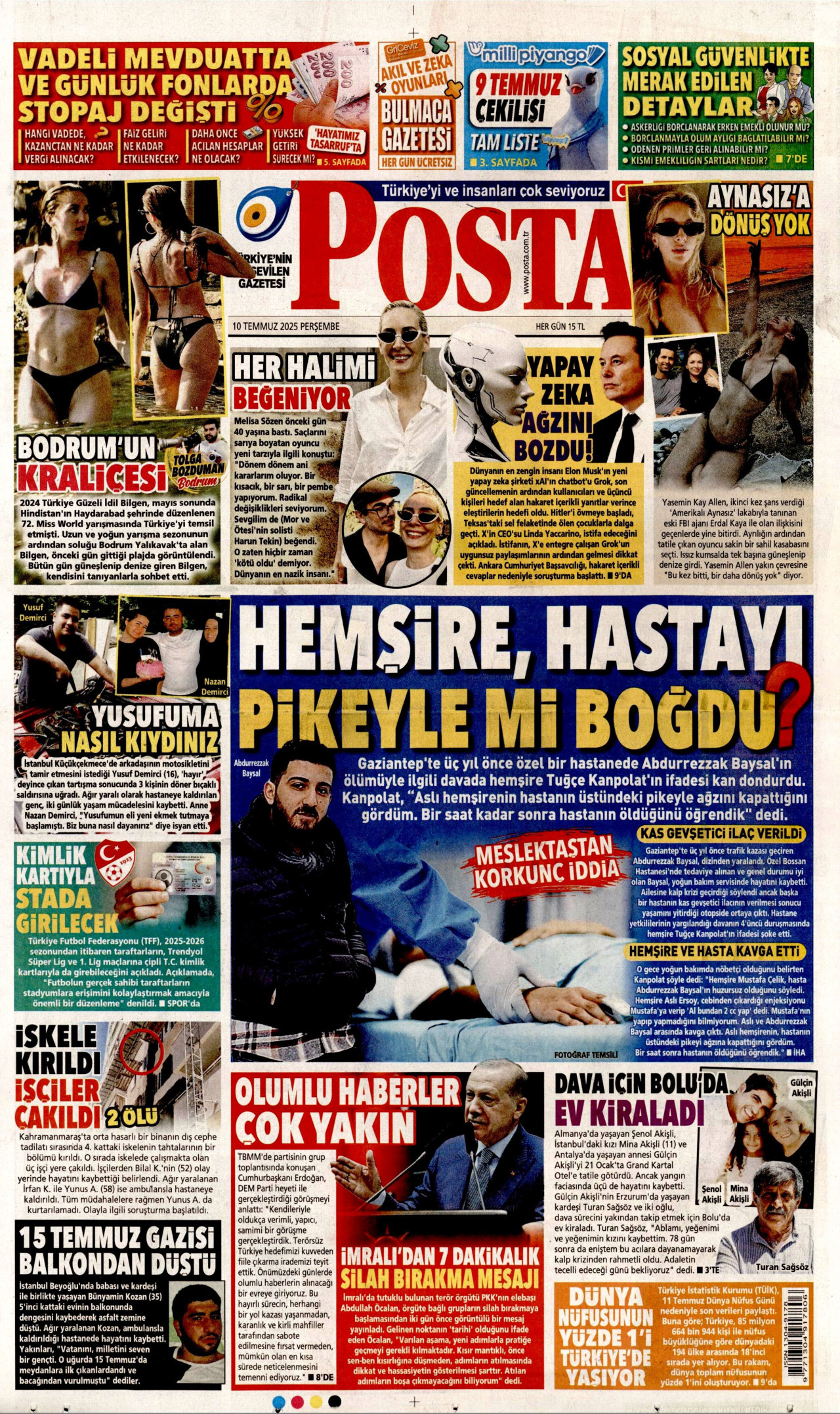 POSTA gazetesinin 10 Temmuz 2025 tarihli birinci sayfası