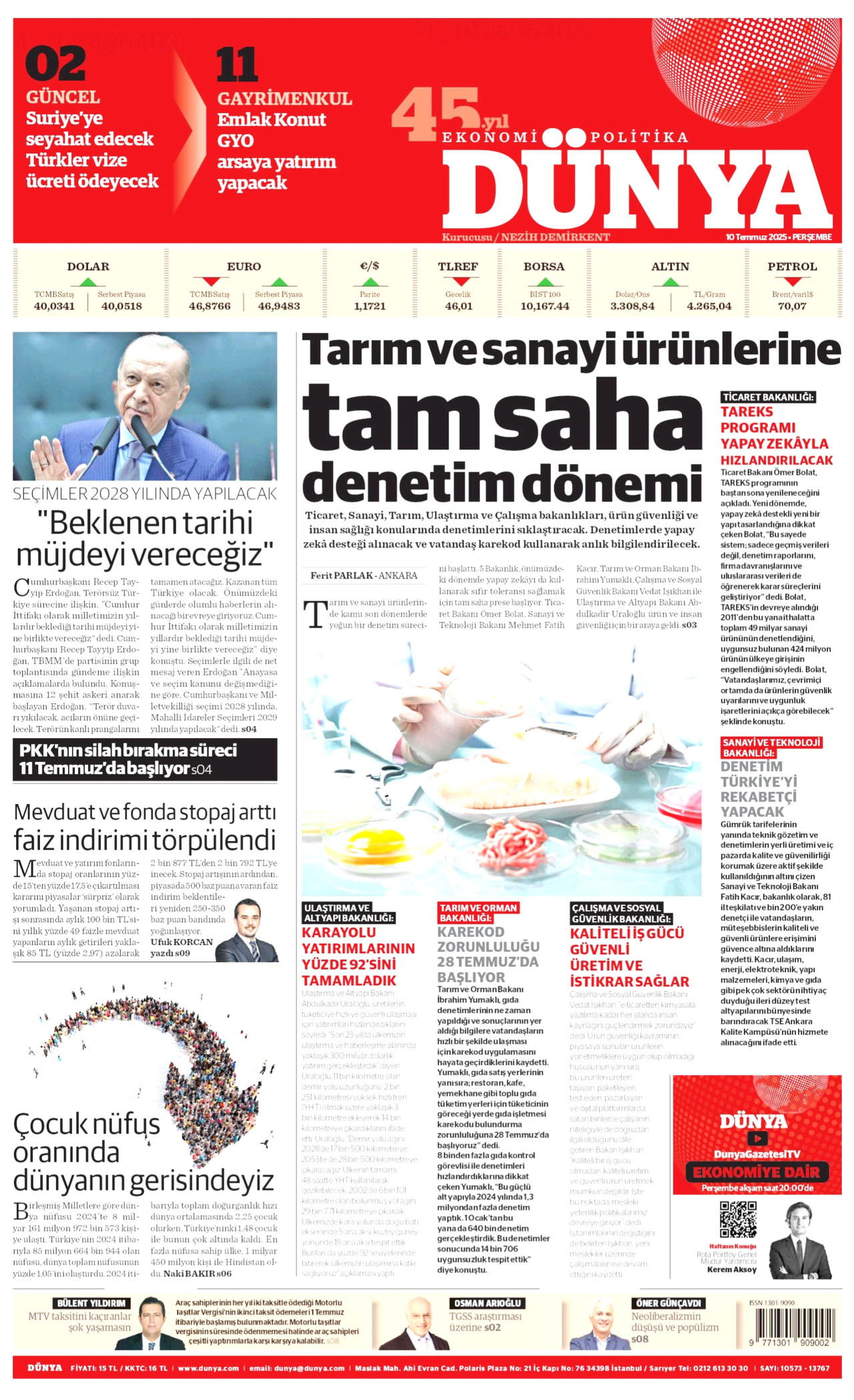 DÜNYA gazetesinin 10 Temmuz 2025 tarihli birinci sayfası
