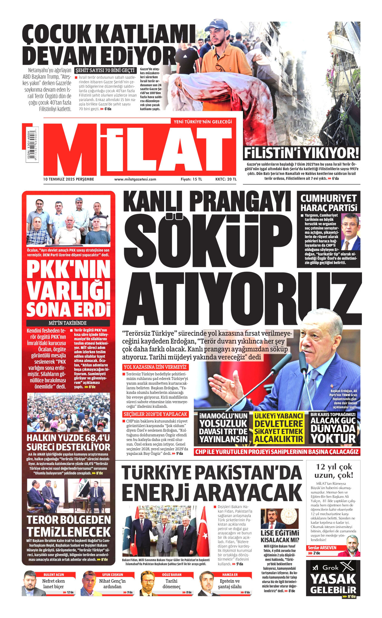 MİLAT gazetesinin 10 Temmuz 2025 tarihli birinci sayfası