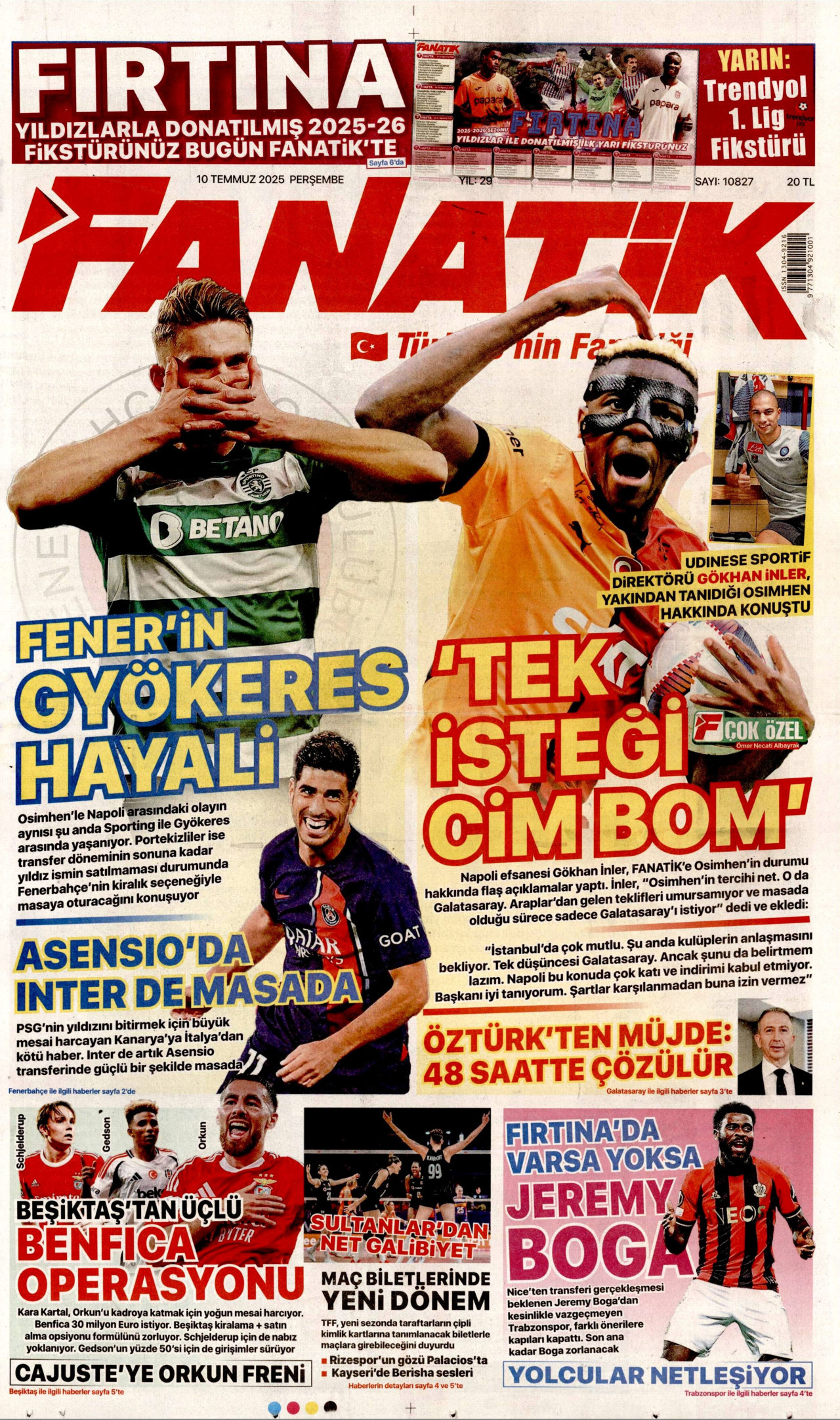 FANATİK gazetesinin 10 Temmuz 2025 tarihli birinci sayfası