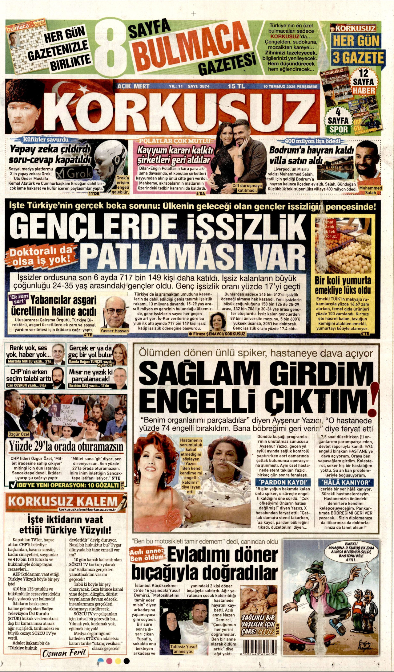 KORKUSUZ gazetesinin 10 Temmuz 2025 tarihli birinci sayfası