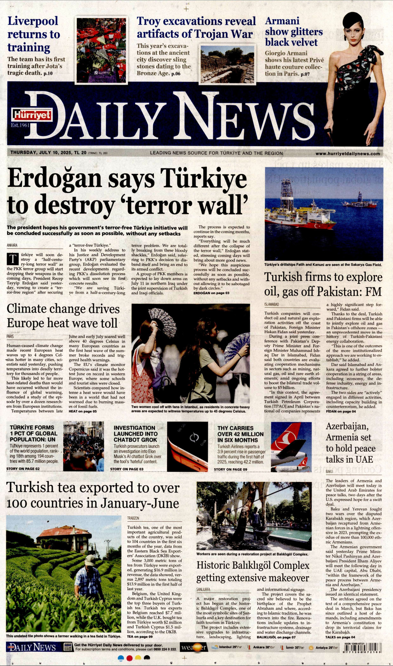 HÜRRİYET DAİLY NEWS gazetesinin 10 Temmuz 2025 tarihli birinci sayfası