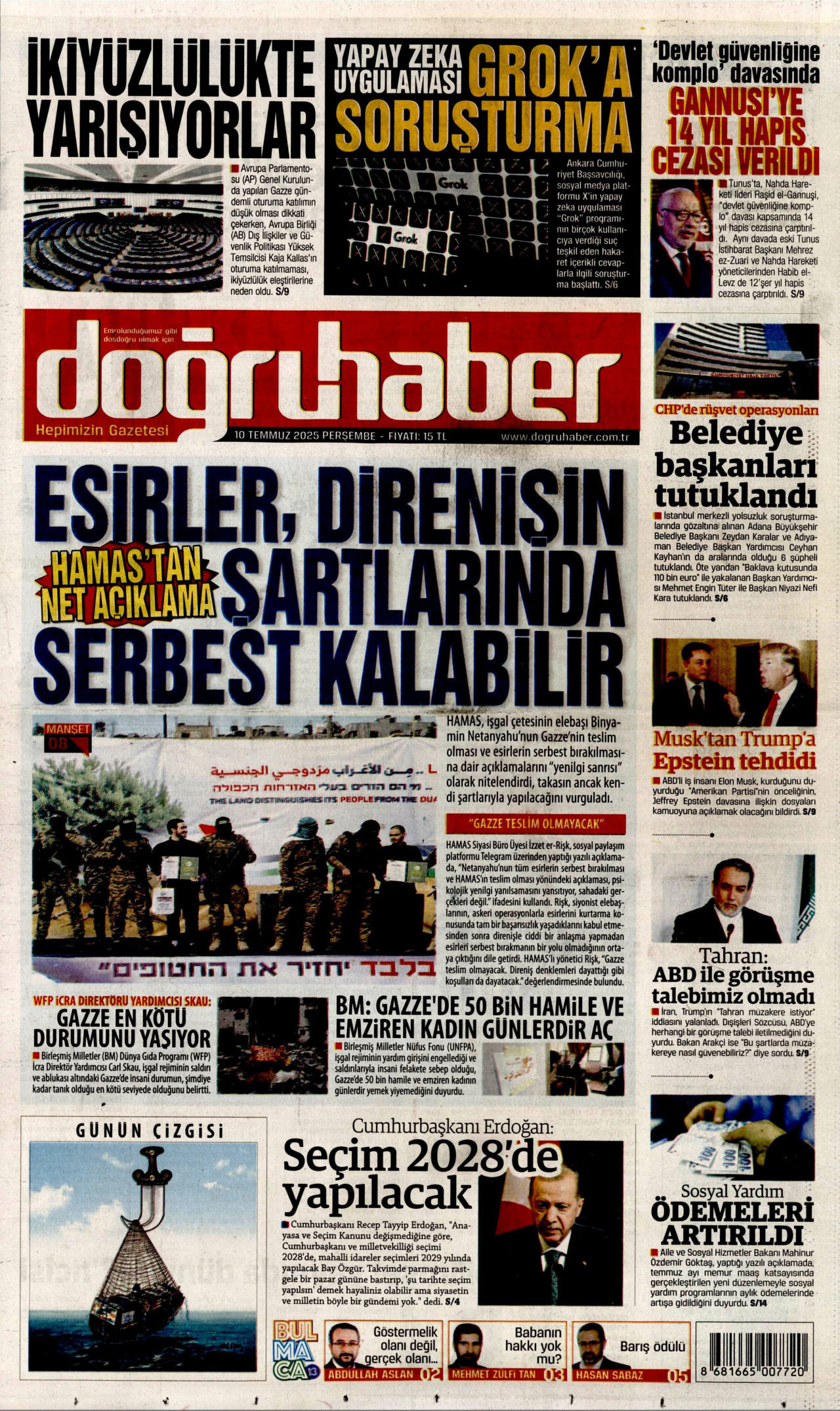 DOĞRU HABER gazetesinin 10 Temmuz 2025 tarihli birinci sayfası