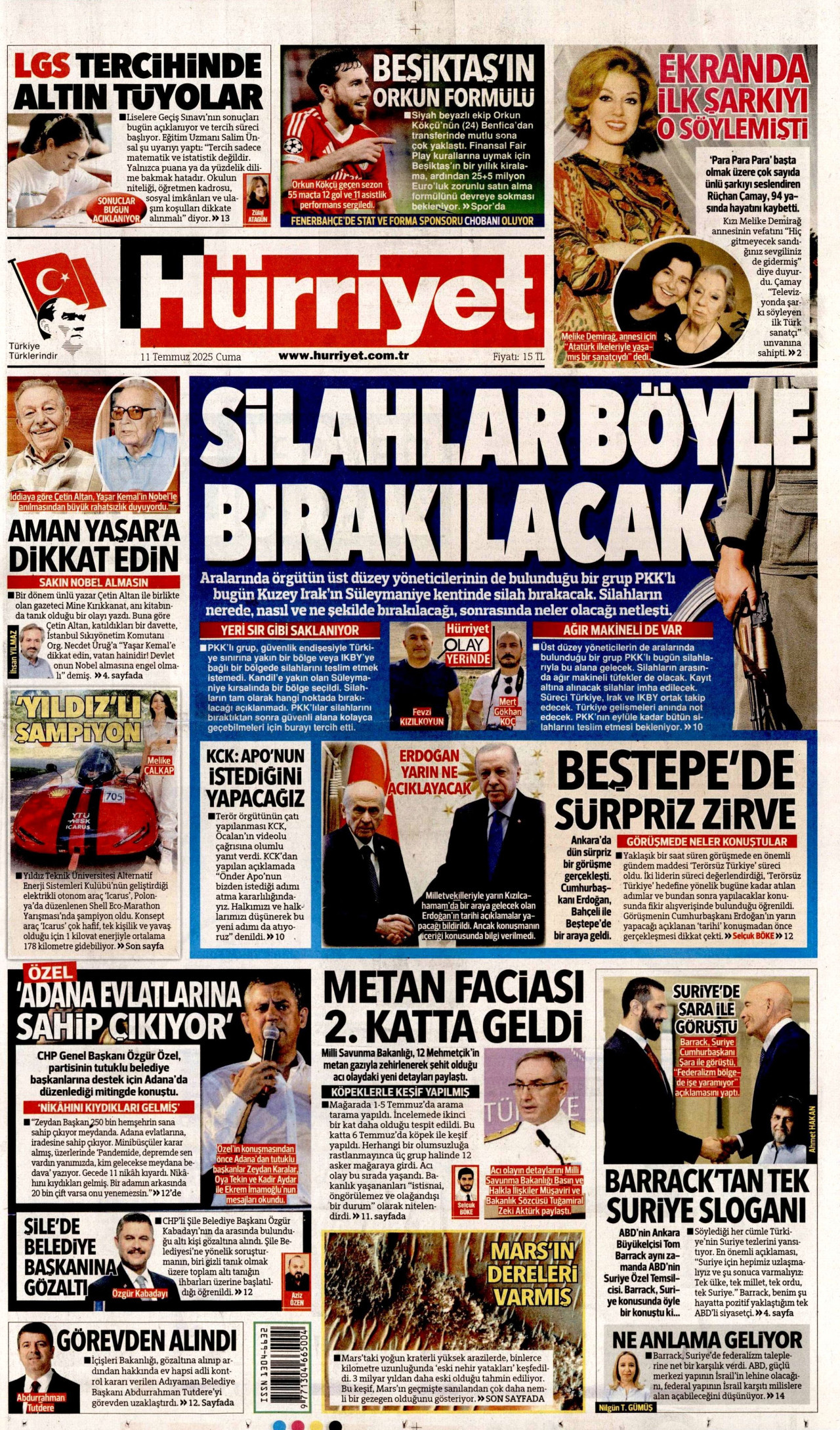 HÜRRİYET gazetesinin 11 Temmuz 2025 tarihli birinci sayfası
