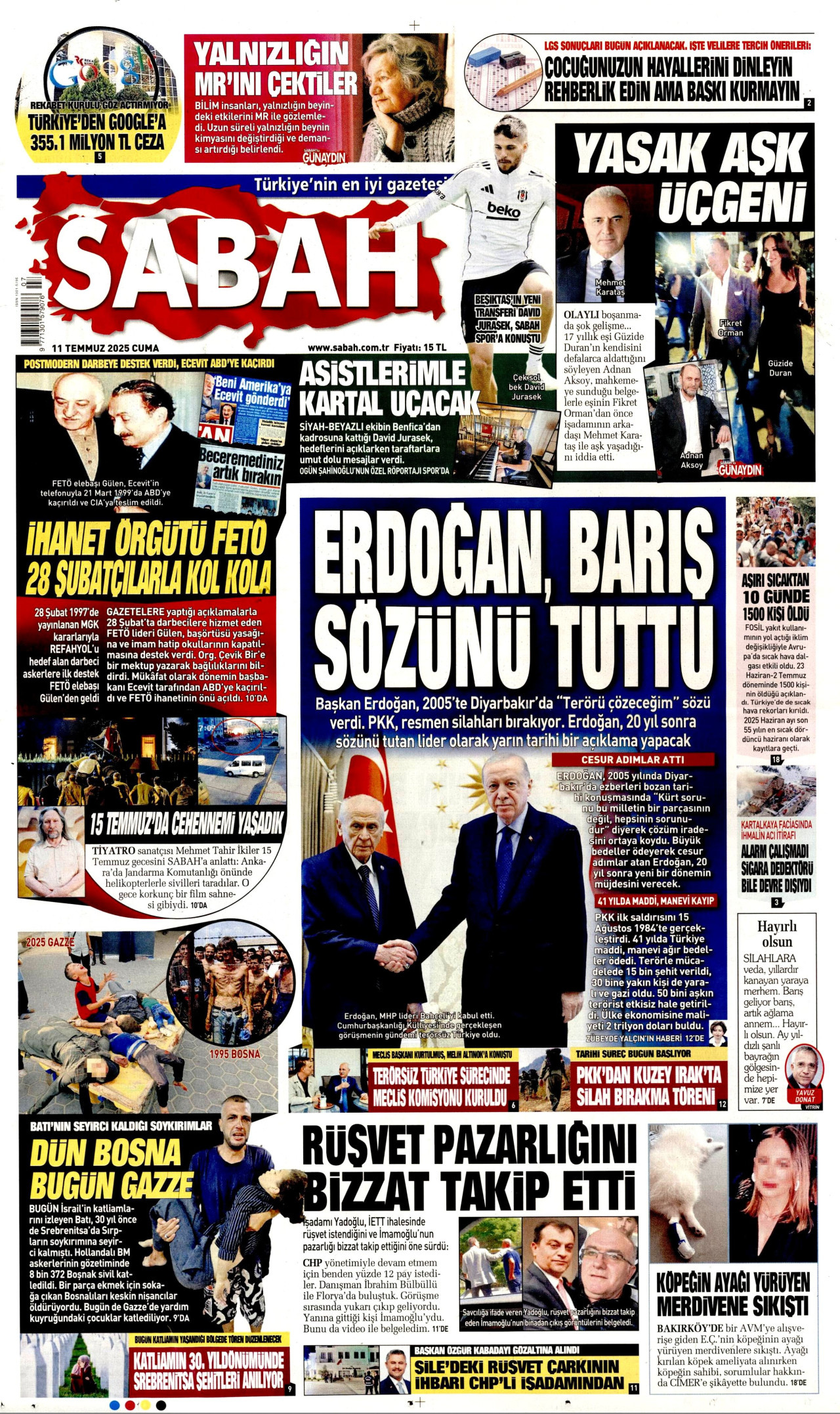 SABAH gazetesinin 11 Temmuz 2025 tarihli birinci sayfası